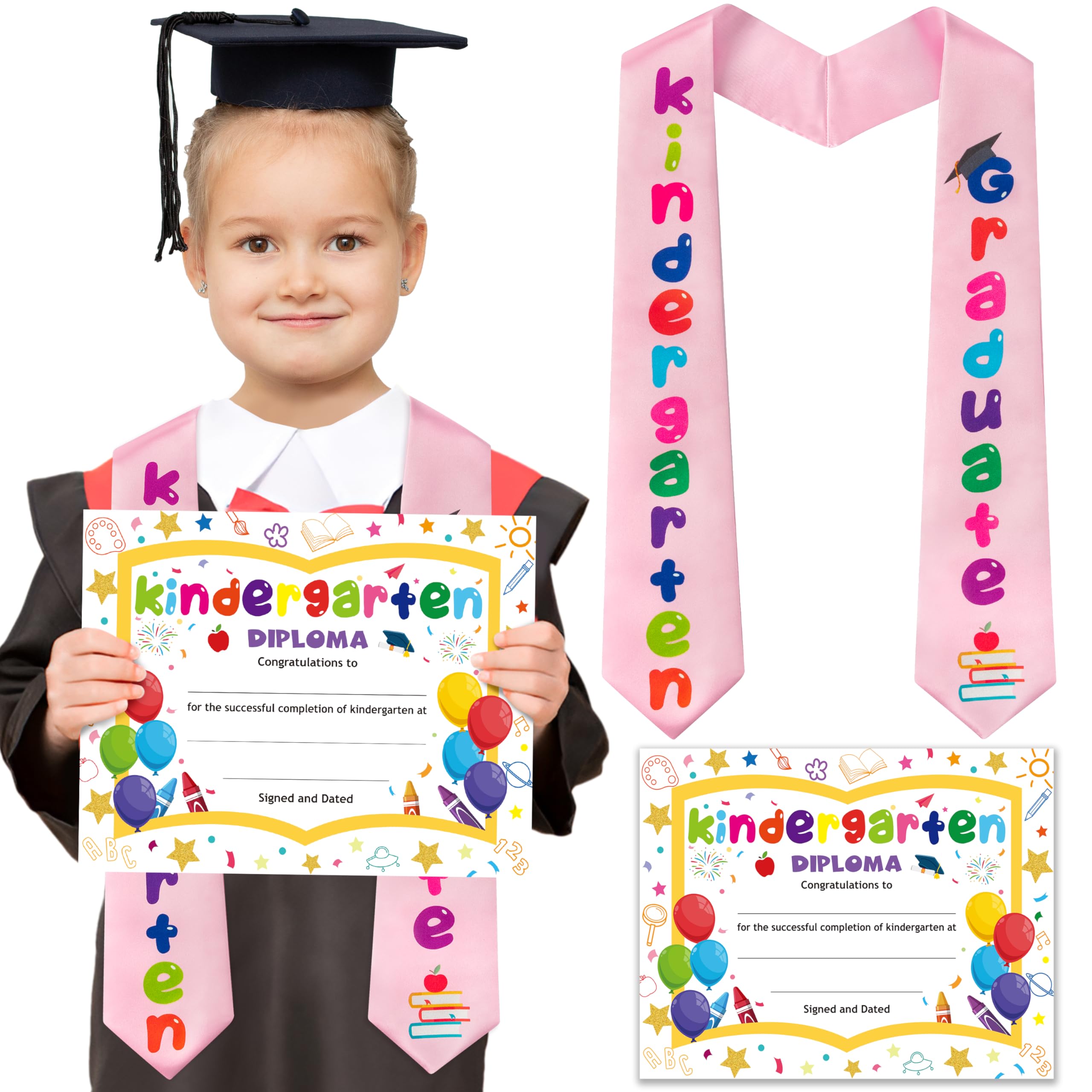 BkeeCten Kindergarten Graduation Sash Certificate - Kid's Kindergarten Preschool Graduation Sash & Certificate Diploma Colorful Diploma Grad