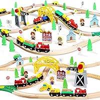 TOYLife 60-Piece Wooden Train Set with Magnetic Crane - Tracks Compatible with Thomas, Brio, Chuggington - Toddler Toys for Ages 3-8