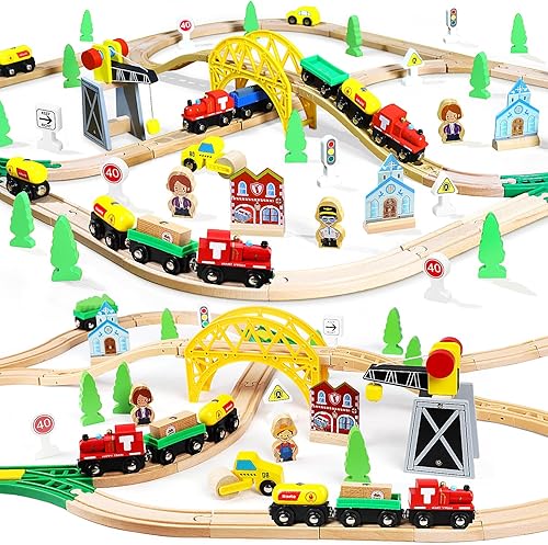 TOY Life Juego de tren de madera, 60 piezas con grúa magnética, juguetes de madera para niños y niñas de 3, 4, 5, 3 años, juguetes de madera para