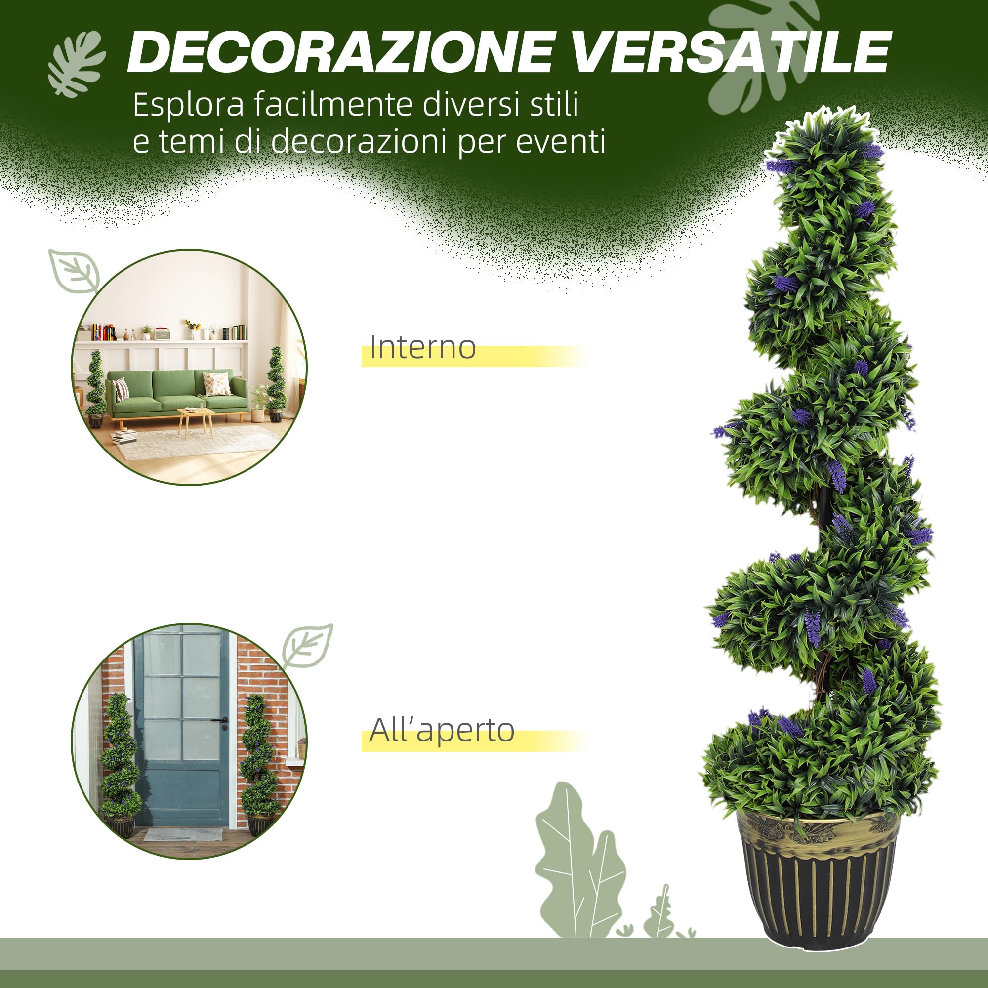 HOMCOM Set 2 Piante Finte da Interno di Bosso a Spirale 115cm Verde e Blu | Con Lavanda, 41 Fiori e Vaso, Piante Topiaria Artificiali da Esterni, Pianta Finta Anti-UV, Decorazione Casa, Giardino