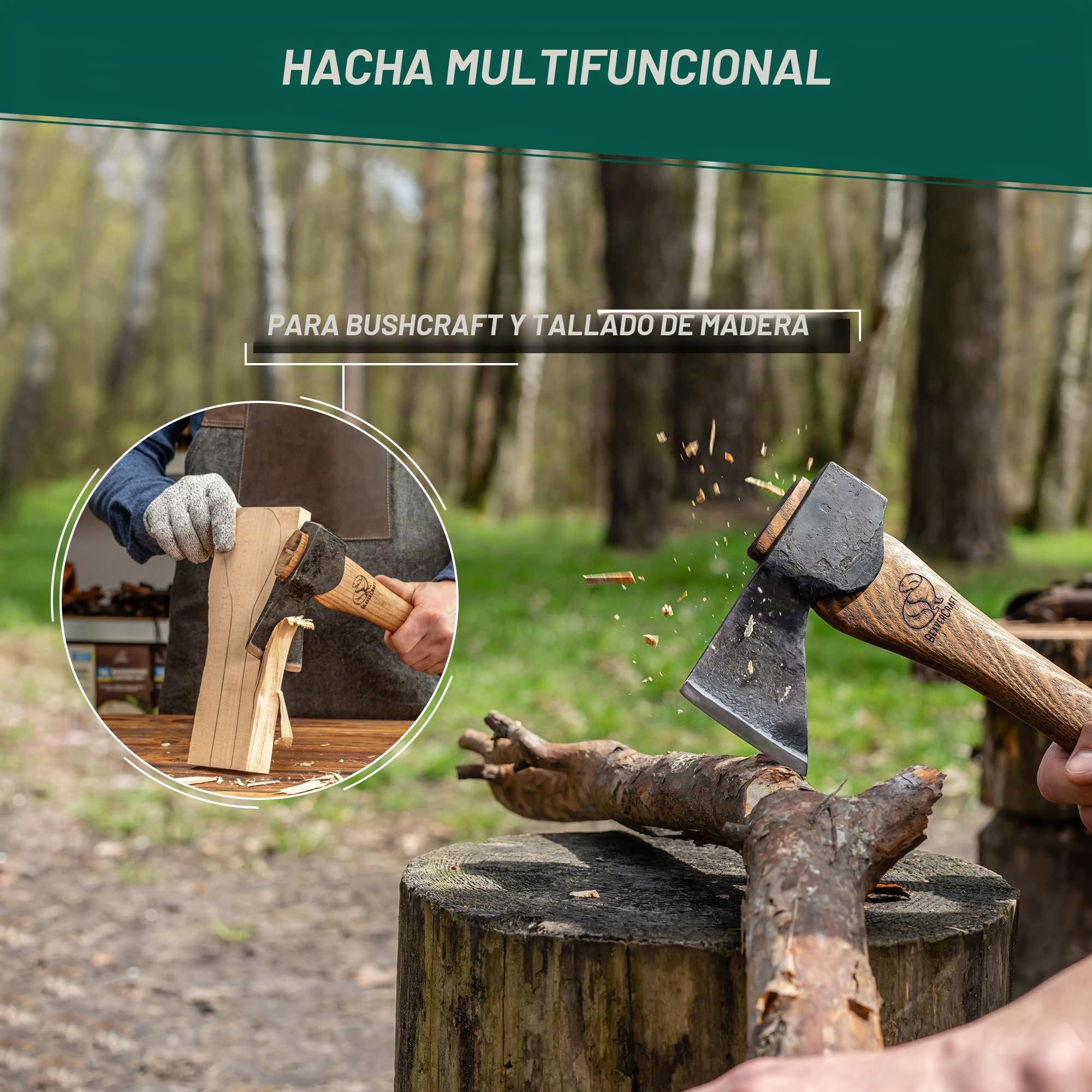BeaverCraft Hacha de Tallado en Madera AX1 con Funda – Hacha Forjada Bushcraft para Camping – Hacha Pequeña de Bosque para Cortar y Partir – Herramienta de Jardinería con Mango de Madera