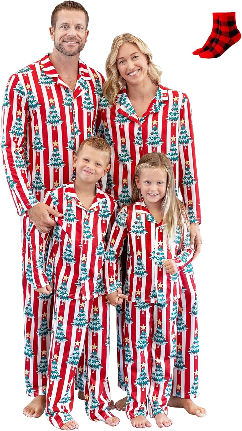 PATPAT Family Christmas Pajamas Matching Sets, Button-Down Pjs Includes Buffalo Plaid Socks Cozy Pajamas for Family
