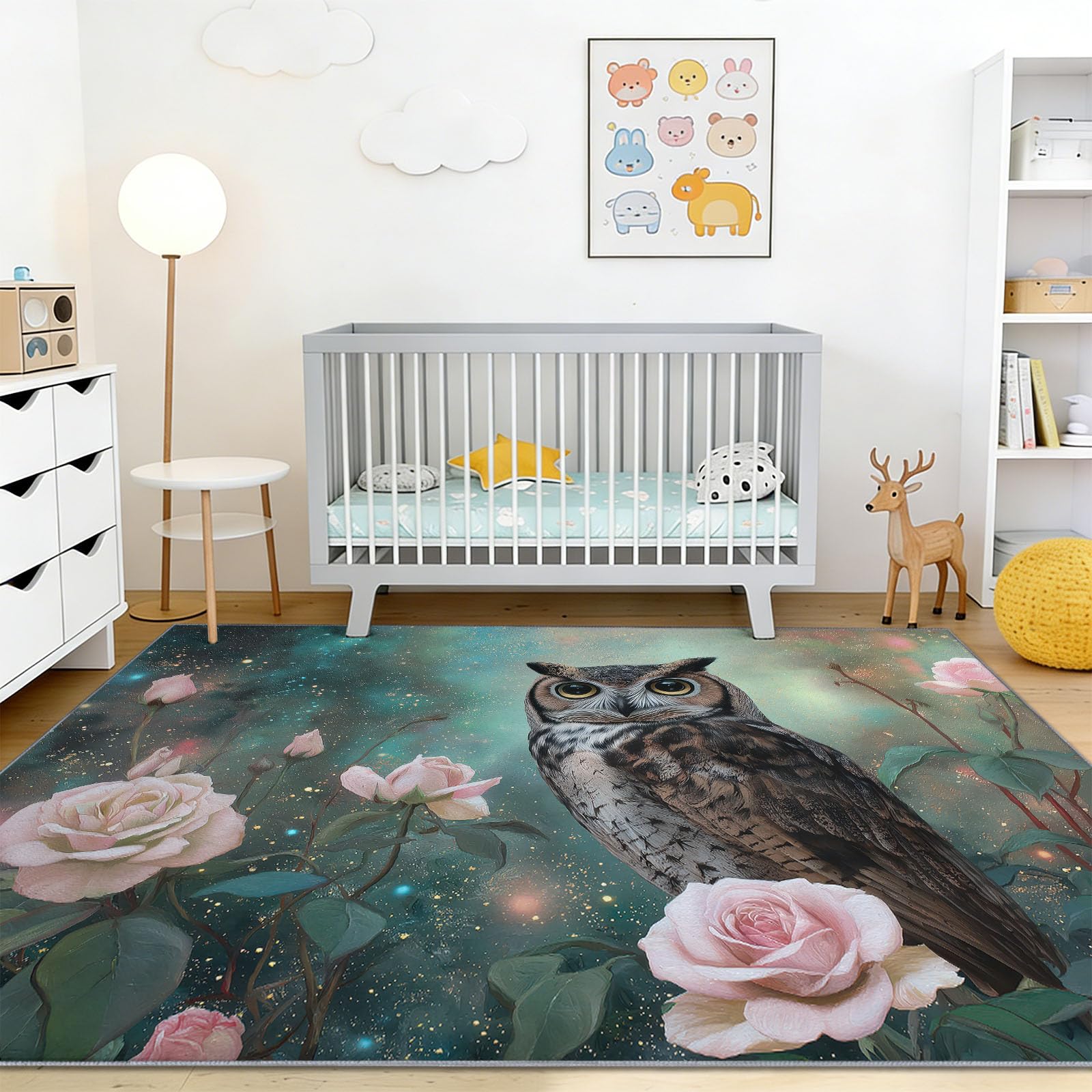 Dywan do salonu, 160 x 230 cm, mistyczny wzór sowy i róż, dla nastolatków, chłopców i dziewczynek, antypoślizgowy, flanelowy dywan z krótkim włosiem, bardzo miękki, łatwy w pielęgnacji, kolorowy