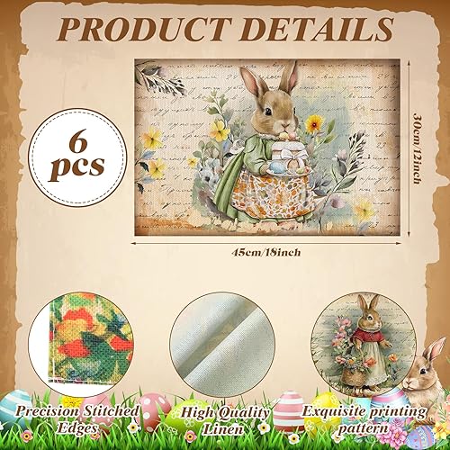 Miniatura 3 de Mindsoft Juego de 6 manteles individuales de Pascua de 12 x 18 pulgadas, manteles individuales de lino rústico vintage para mesa de comedor, para