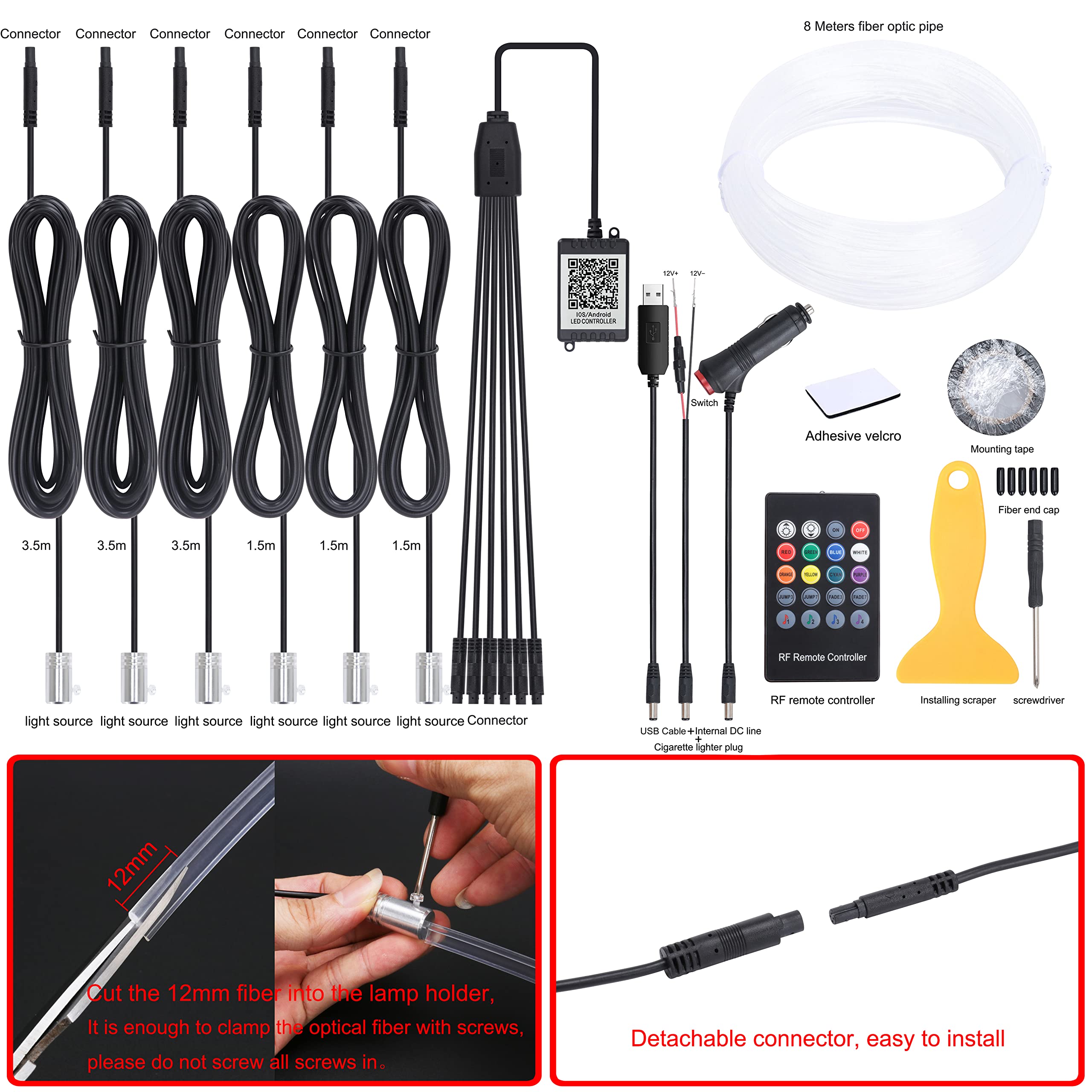 QAUBEN Car Ambient Lighting Optic Fiber Cable 64 Colors Music Sound Active with RF Remote Control + APP Control Car Decorative Atmosphere Lighting Kit DC 12V 1W 8m