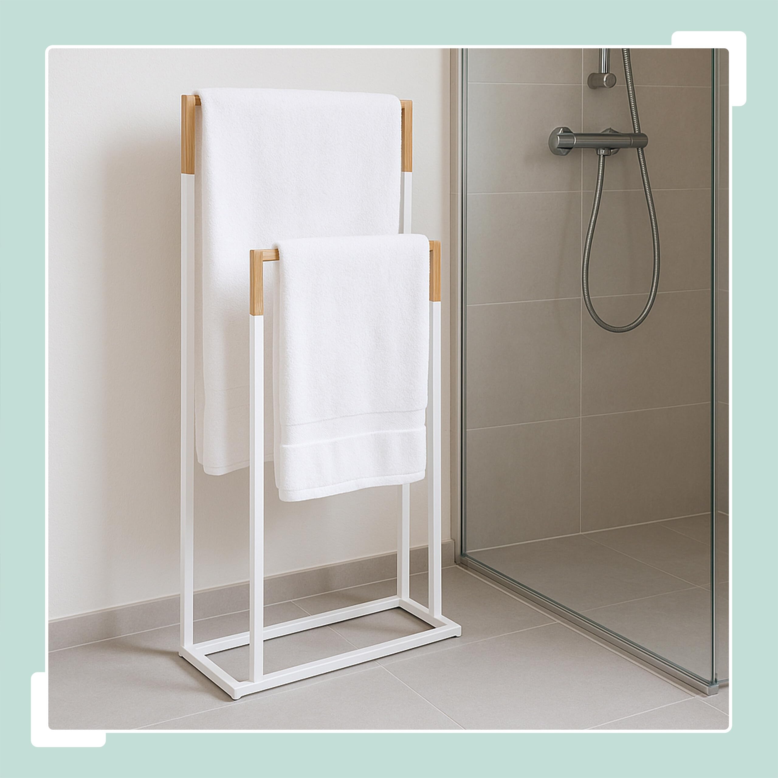 Toallero Relaxdays, HxBxT: 86 x 44 x 21 cm, Metal, bambú, 2 Barras, toallero de pie, Blanco/Natural