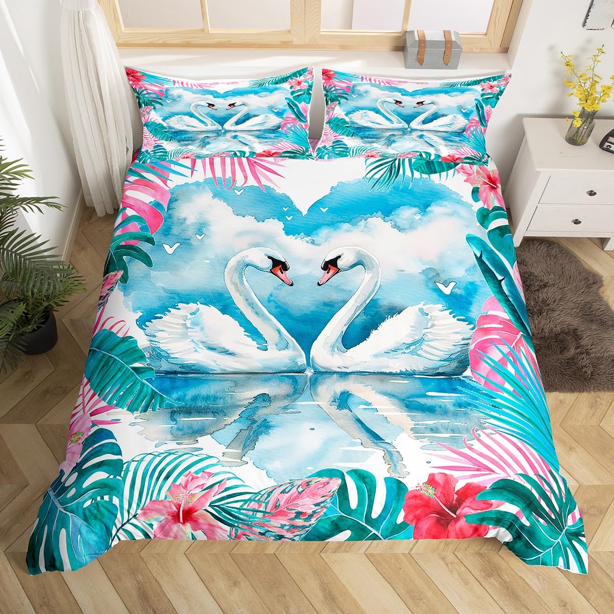 Homemissing White Swan Bedding Set Double Size Palm Leaves Duvet Cover Set for Couples Botanical Comforter Cover Set Teal White Bedspread Cover 3Pcs