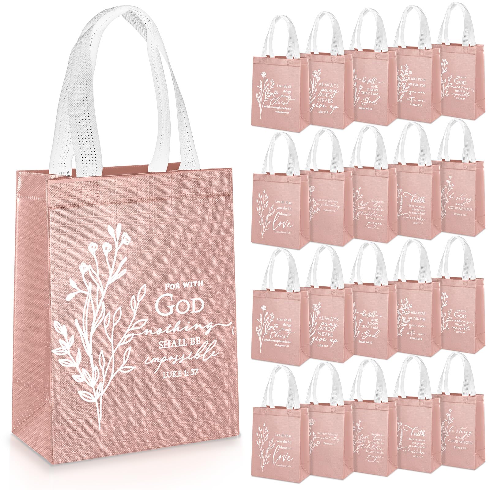Sweetude 20 Pcs Reusable Christian Gift Bag Bulk, Church Welcome Totes with Handles, Medium Non Woven Floral Bible Verse Bag for VBS, Wedding, Sunday,