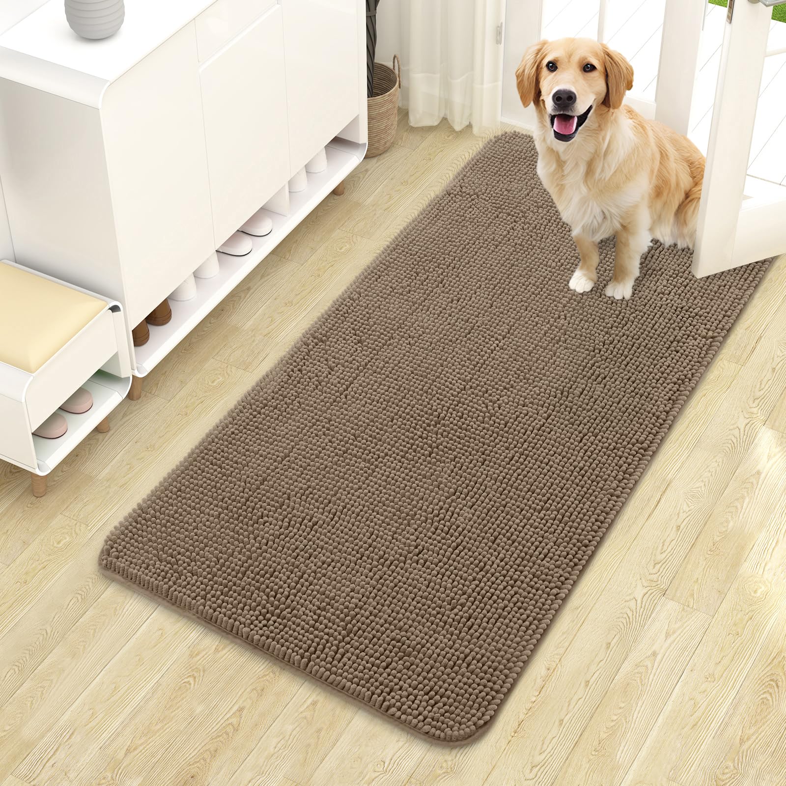 OLANLY Dog Door Mat for Muddy Paws 44x24, Absorbs Moisture and Dirt, Absorbent Non-Slip Washable Doormat, Quick Dry Chenille Mud Mat for Dogs, Entry Indoor Entryway Carpet for Inside Floor, Tan โ image 1
