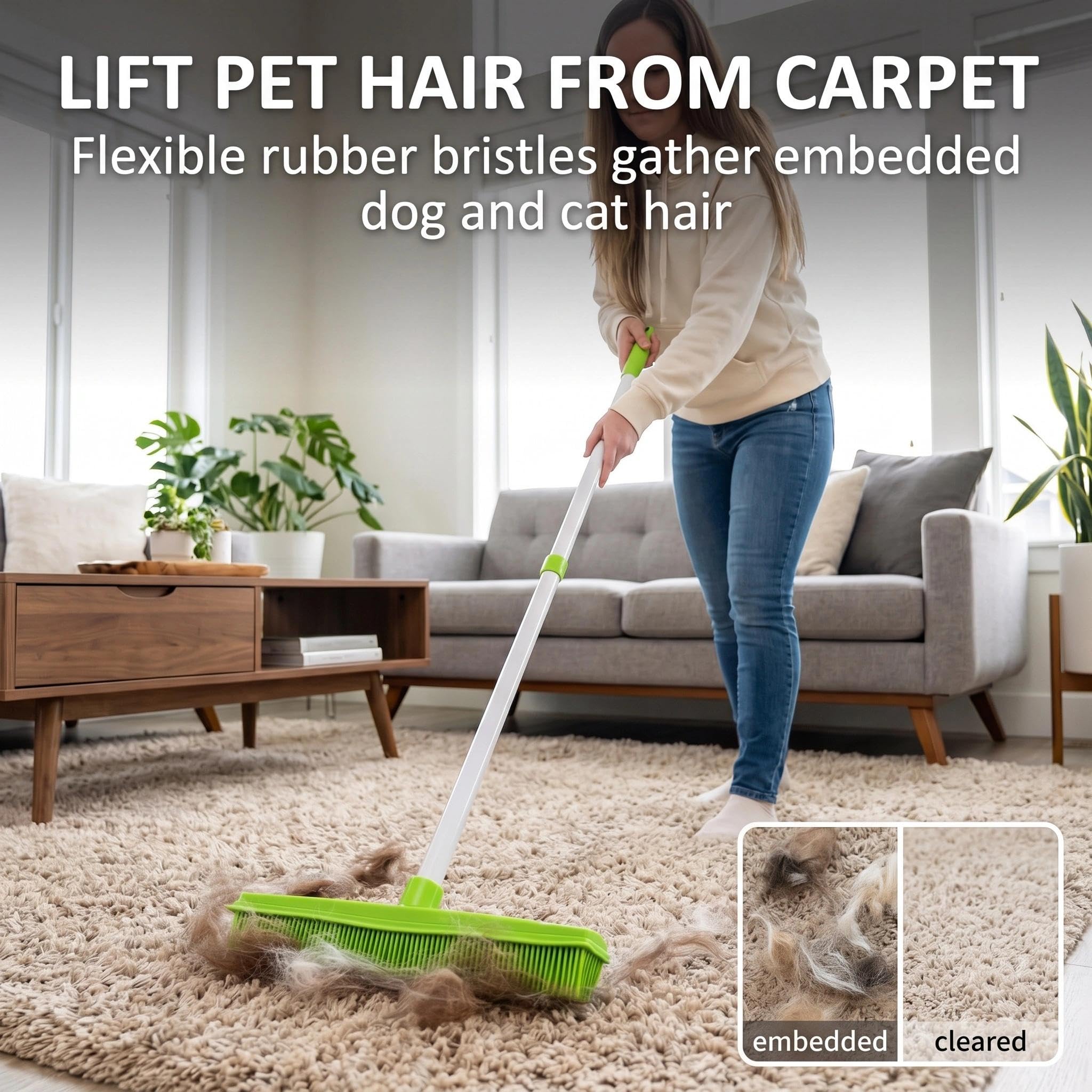 Balai en caoutchouc et brosse à poils d'animaux domestiques, manche long télescopique, balai poussoir en caoutchouc souple, balai avec raclette, balai d'épilation d'animaux et brosse pour tapis, chat