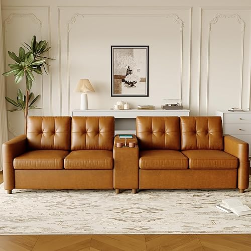 Faux Leather 4-Seater Sectional Sofa, 115” Brown PU Compact Couch with Storage Console, Charging Station & Cup Holders, Deep Seat Couch for Family Rooms, Apartments & Small Spaces