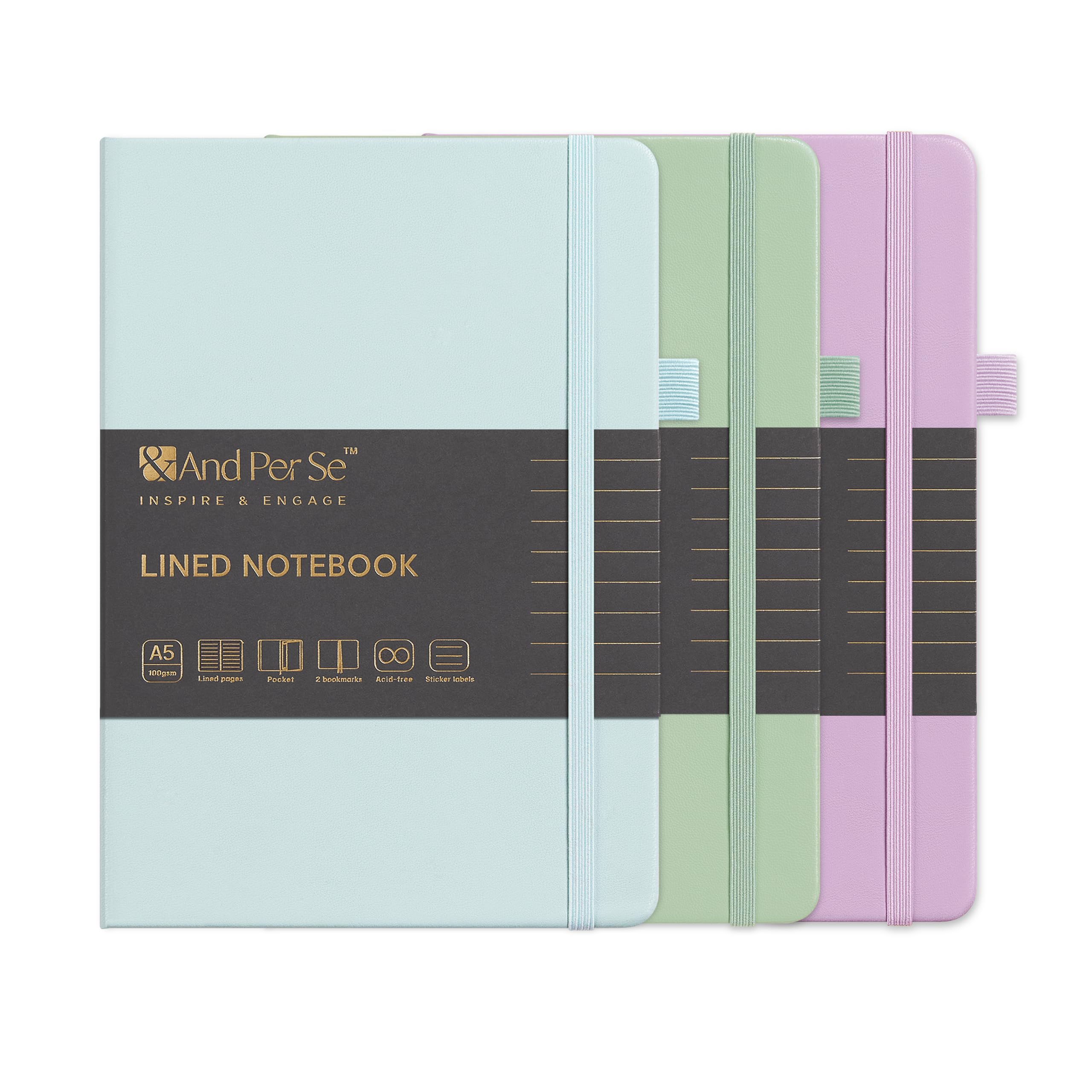 &And Per Se Lined Notebooks 3-Pack Gift Set, A5 Hardcover Journals, 160 Pages 100gsm Thick Paper, 3 Assorted Colors (Cyan, Purple & Light Green) — image 1