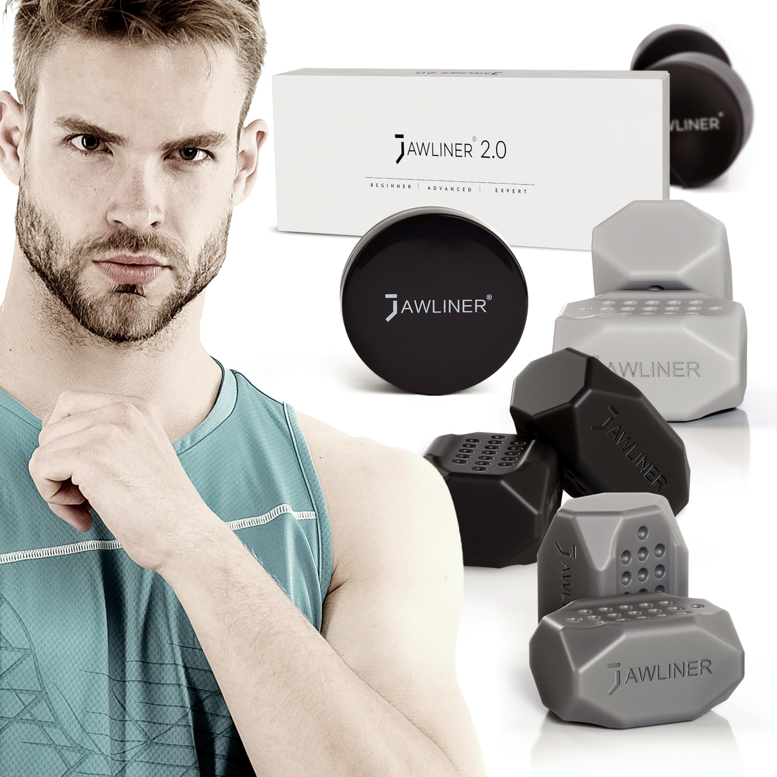 Jawliner® Jaw Exerciser Set for Men & Women - Jawline Trainer with 3 Resistance Levels - Double Chin Reducer - 100% Food-Grade Silicone - Face and Neck Shaper & Jaw Strengthener