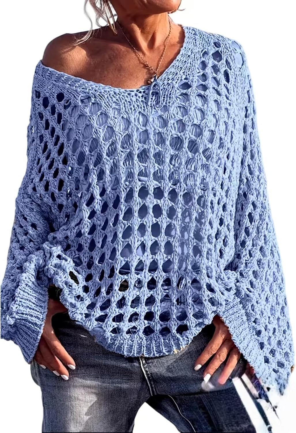 Women's Crochet Knit Pullover Sweater, Long Sleeve, Loose Fit, Lightweight