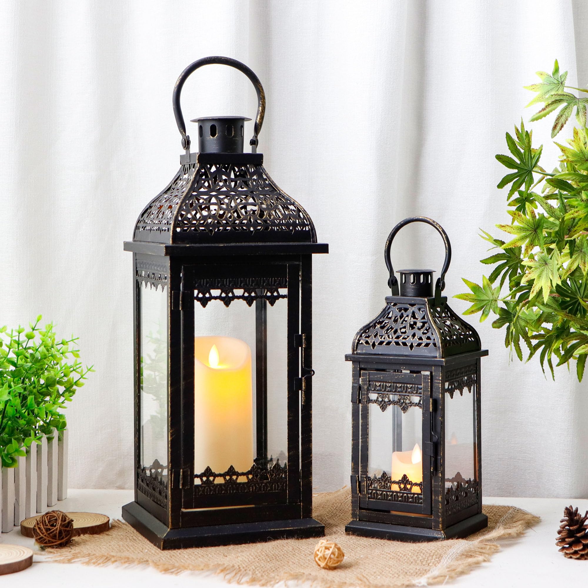 JHY DESIGN Set of 2 33 cm & 50 cm H Decorative Candle Lanterns Vintage Hanging Lantern Metal Candle Holder for Garden Living Room Indoor Outdoor Parties Weddings Balcony(Black with Gold Brush)