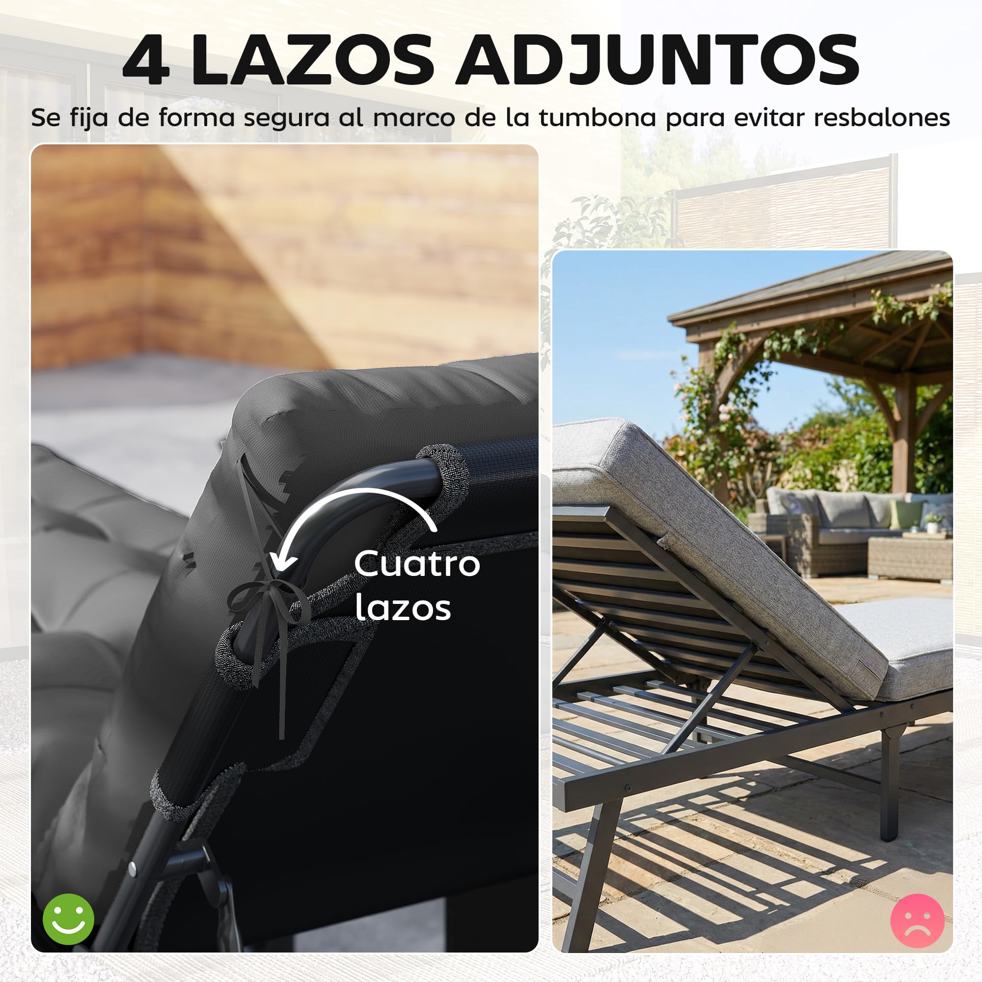 Outsunny Juego de 2 Cojines para Tumbonas, 180x55 cm, Cojines para Tumbonas de Exterior Gruesas, UPF30+, Almohadillas de Repuesto para Tumbonas con 4 Cintas, Gris Oscuro — view 5