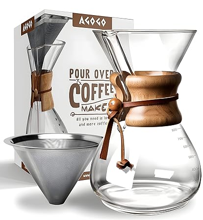 AGOGO Pour-Over Glass Coffeemaker - Woodneck Drip Pot - 304 Stainless Steel Filters - Brush - Cleaning Ra