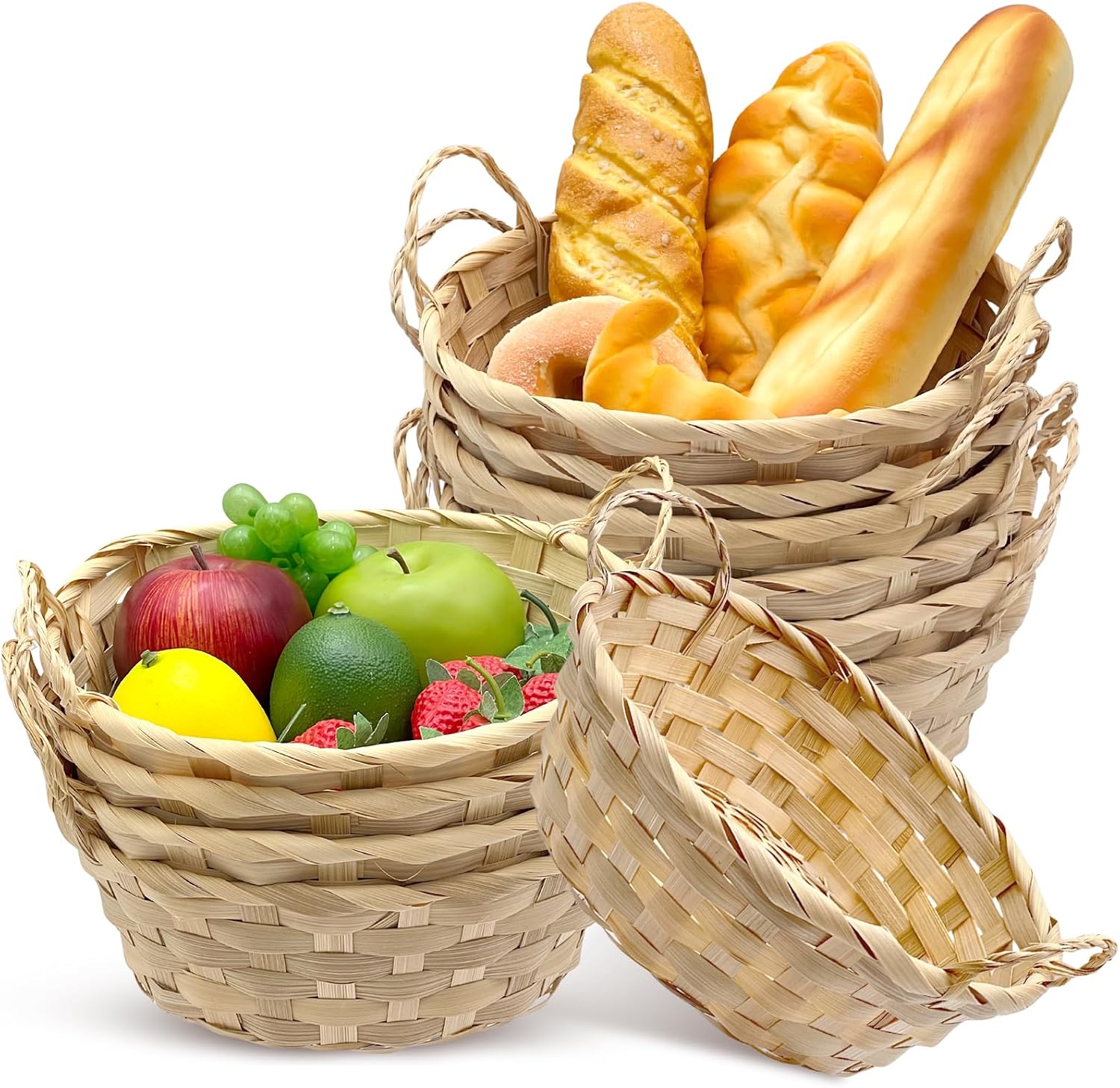 10 Pack Round Gift Baskets, 9 Inch Christmas Sweets Basket Natural Bamboo Woven Fruit Basket Bread Roll Serving Basket Food Storage Bin Handmade Baskets for Christmas Kitchen Restaurant