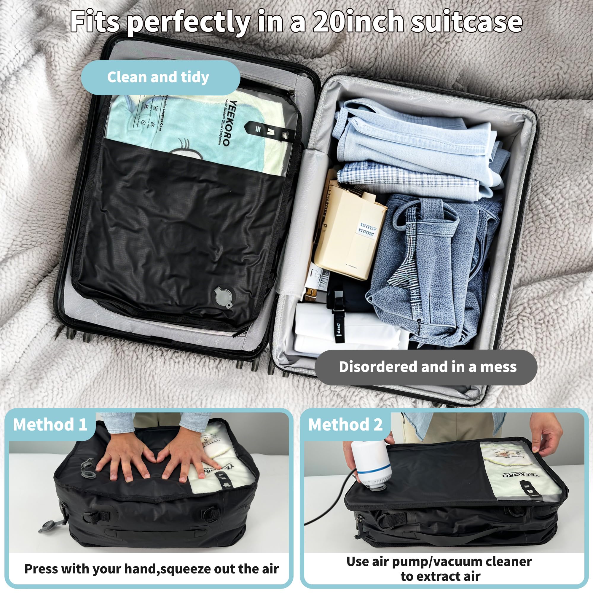 Cubes d'emballage par compression, sacs sous vide pour voyages d'affaires, cubes d'emballage réutilisables IP67 pour valises de 50,8 cm, sacs de rangement pour bagages pour homme et femme