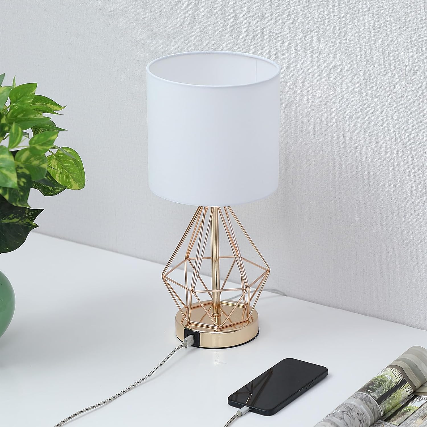 Table Lamp with USB Port, 3 Way Dimmable Touch Lamps for Nightstand, Modern Small Bedside Lamp with Fabric Shade, Gold Side Table Lamp for Bedroom Living Room, USB A & C, LED Bulb Included