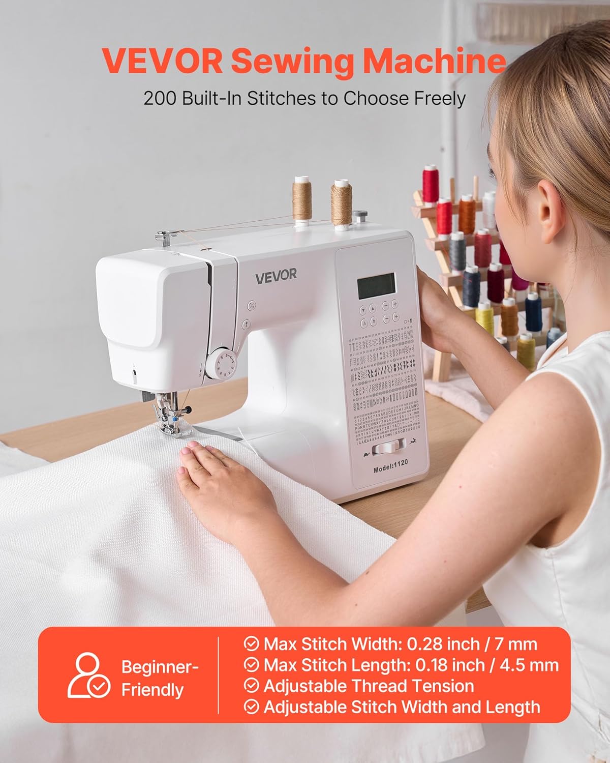 VEVOR sewing machine in use, highlighting 200 built-in stitches and beginner-friendly features