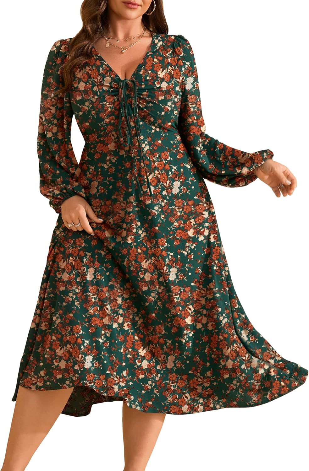 RWJ Fall Wedding Guest Dresses for Women Plus Size V Neck Long Sleeve Tie Front Cocktail Maxi Dress with Pockets