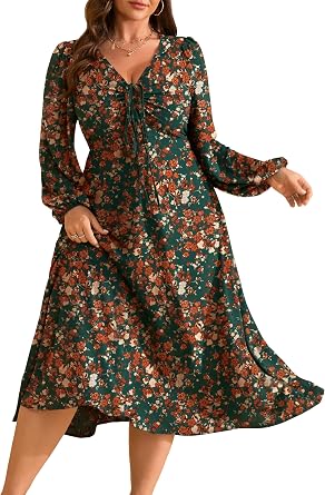 RWJ Fall Wedding Guest Dresses for Women Plus Size V Neck Long Sleeve Tie Front Cocktail Maxi Dress with Pockets