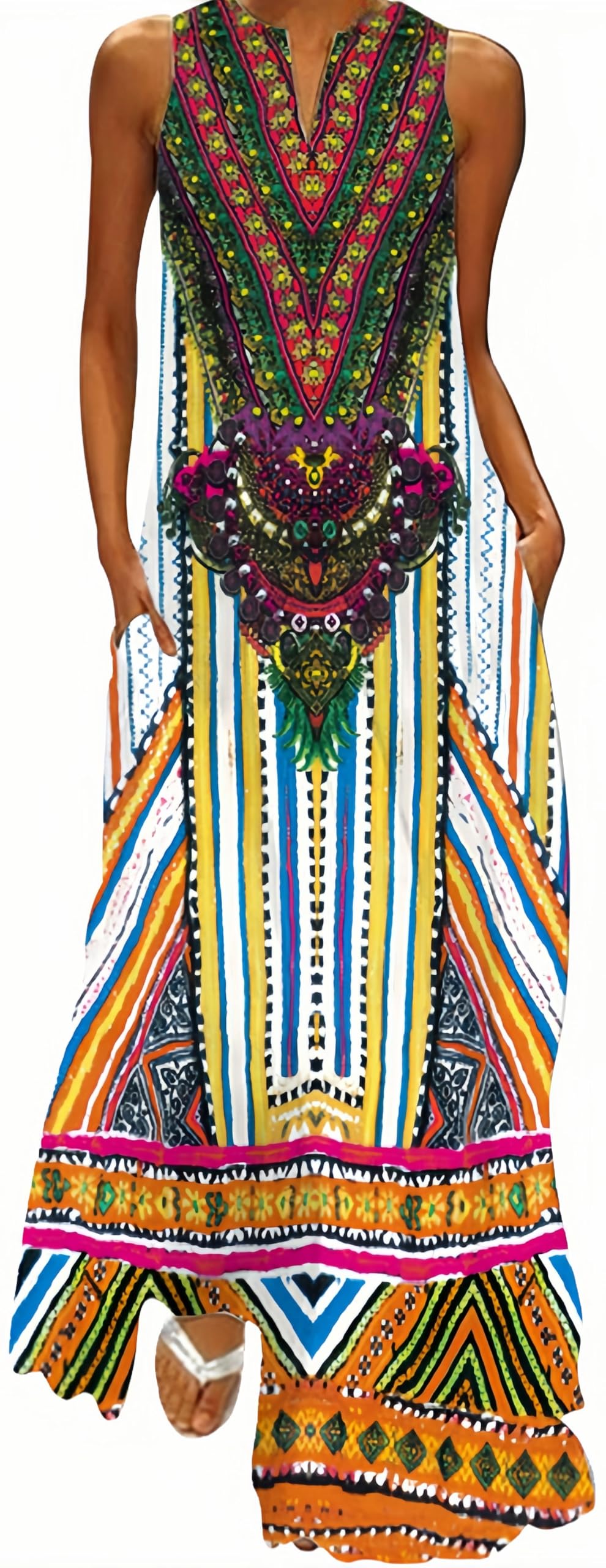 Ocean Plus Robe Longue sans Manches Col V Robe Décontractée Ample avec Poches Latérales, Robe de Plage Vacances Femme Tailles S à 5XL (XL, Gestreiftes Stammesmuster)