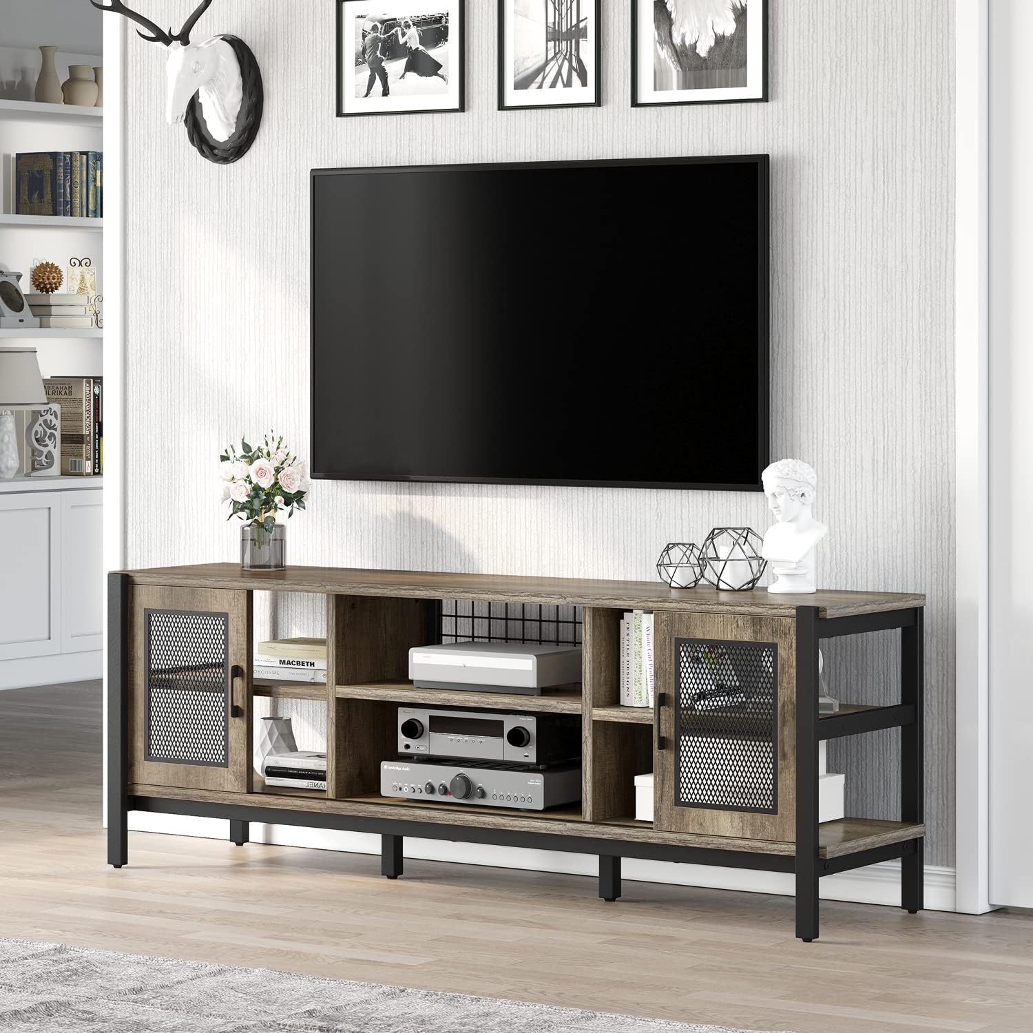 YITAHOME Industrial TV Stand for TVs up to 75", Barn Door Rustic Farmhouse Entertainment Center Long Wood TV Media Console and Adjustable Shelves, 360lbs Capacity, Grey Wash : Electronics