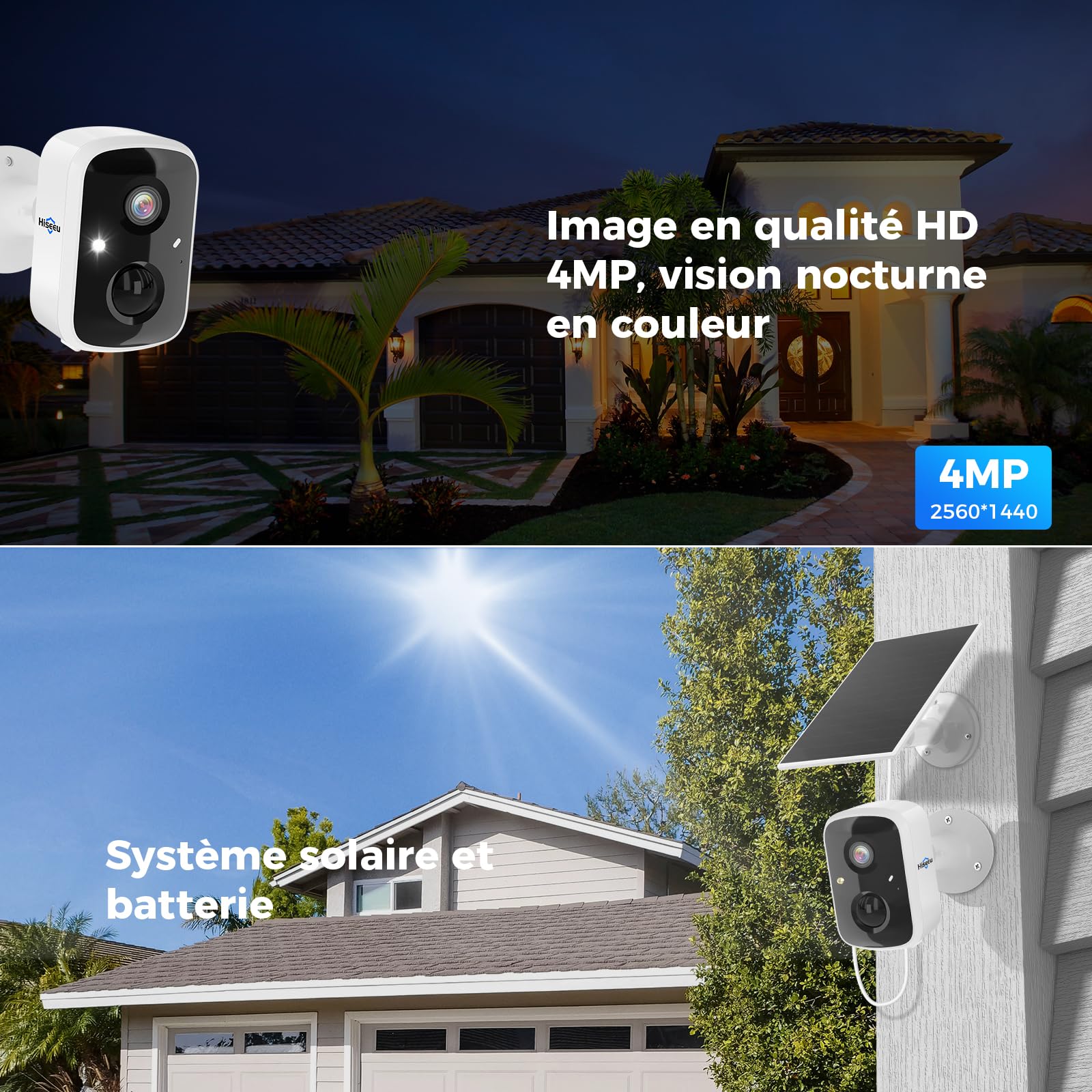 Hiseeu Caméra Sécurité Extérieure WiFi 4MP 3K, Panneau Solaire & Batterie, Détection Humaine PIR/IA, Sirène, Étanche IP66, Vision Nocturne Couleur, Audio Bidirectionnel, Cloud & Carte SD