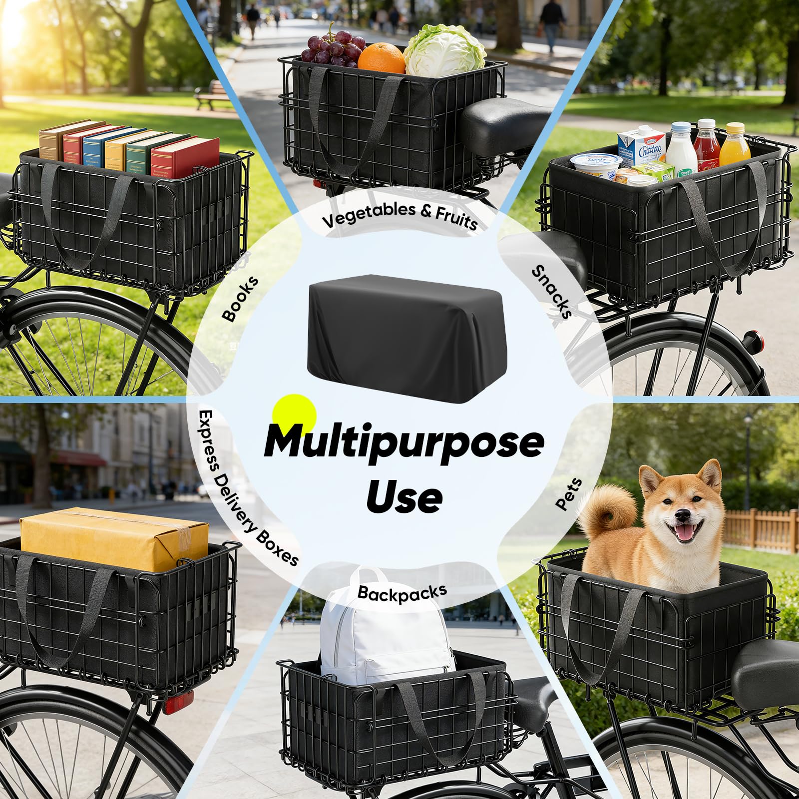 Cesta Trasera para Bicicleta, Plegable, con Bolsillo Interior extraíble, Cubierta Impermeable, Cubierta de Malla, portaequipajes, Cesta de Marco para Transportar Mascotas y Compras