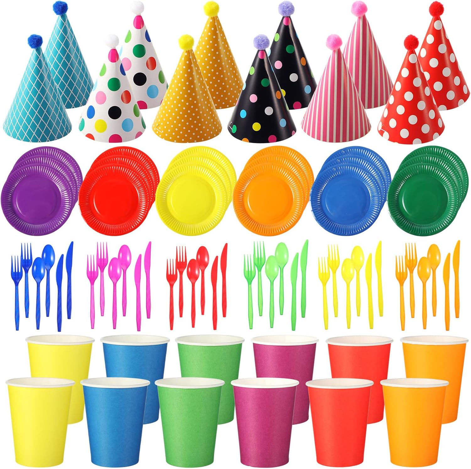 Teenyyou 180 Pcs Kids Birthday Party Supplies Serves 30 Include Birthday Cone Hats Rainbow Paper Plates Cups Plastic Cutlery