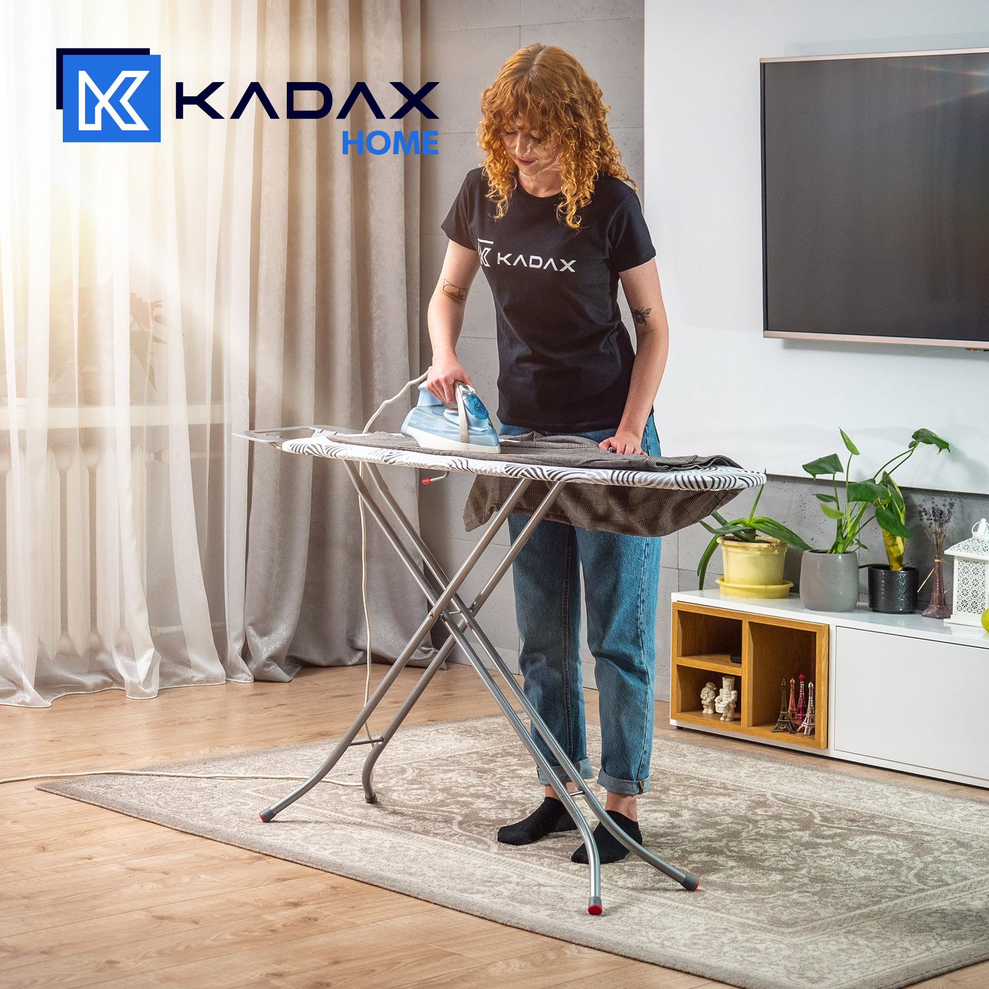 KADAX Deska do prasowania 114 x 34 cm do żelazek parowych z półką na żelazko i 5 mm podkładem, metalowa siatka odprowadza parę, antypoślizgowe stopki zapobiegają przesuwaniu