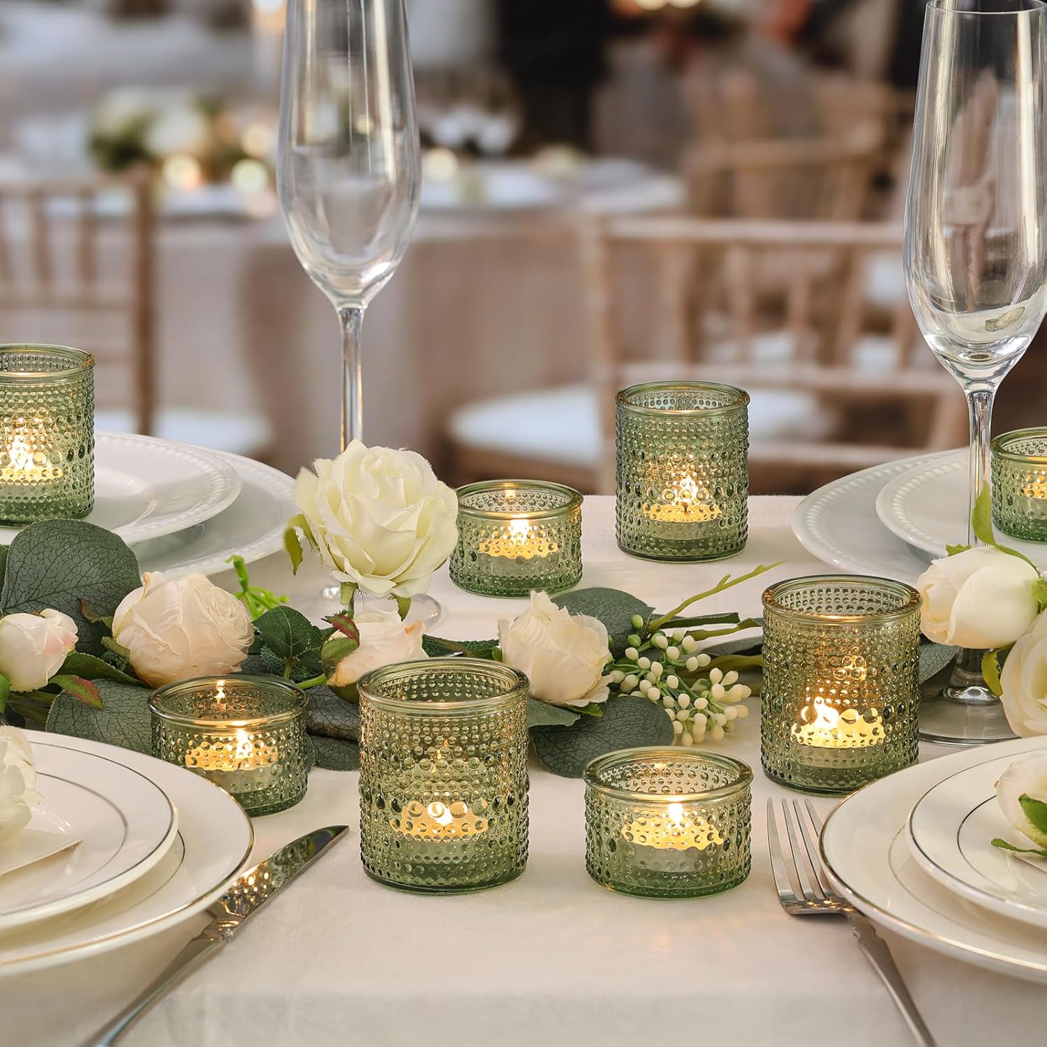 Green Votive Candle Holders Set of 24, Assorted Heights Polka Dot Tealight Candle Holders for Table Centerpiece, Green Glass Candle Holder Decor for Wedding, Party & Home Decor