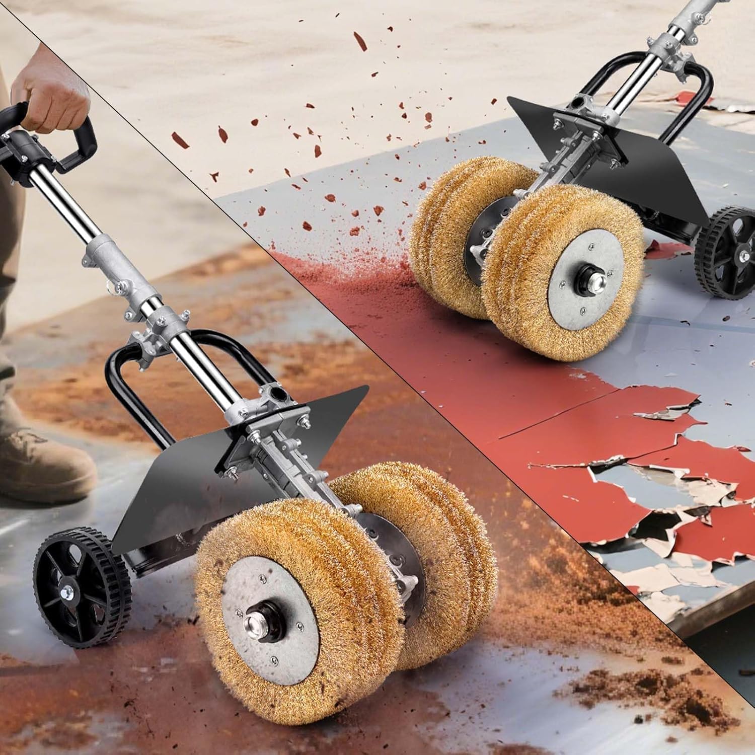 3850W 6in1 Satiniermaschine für Holz Metall, Unkrautentferner zum Fugen | 2X Ø180mm Schleifbürste, 4000RPM, 6 Stufen, Schleifmaschine mit Lang Griff, Bürstenschleifer zur Renovierung von Oberflächen