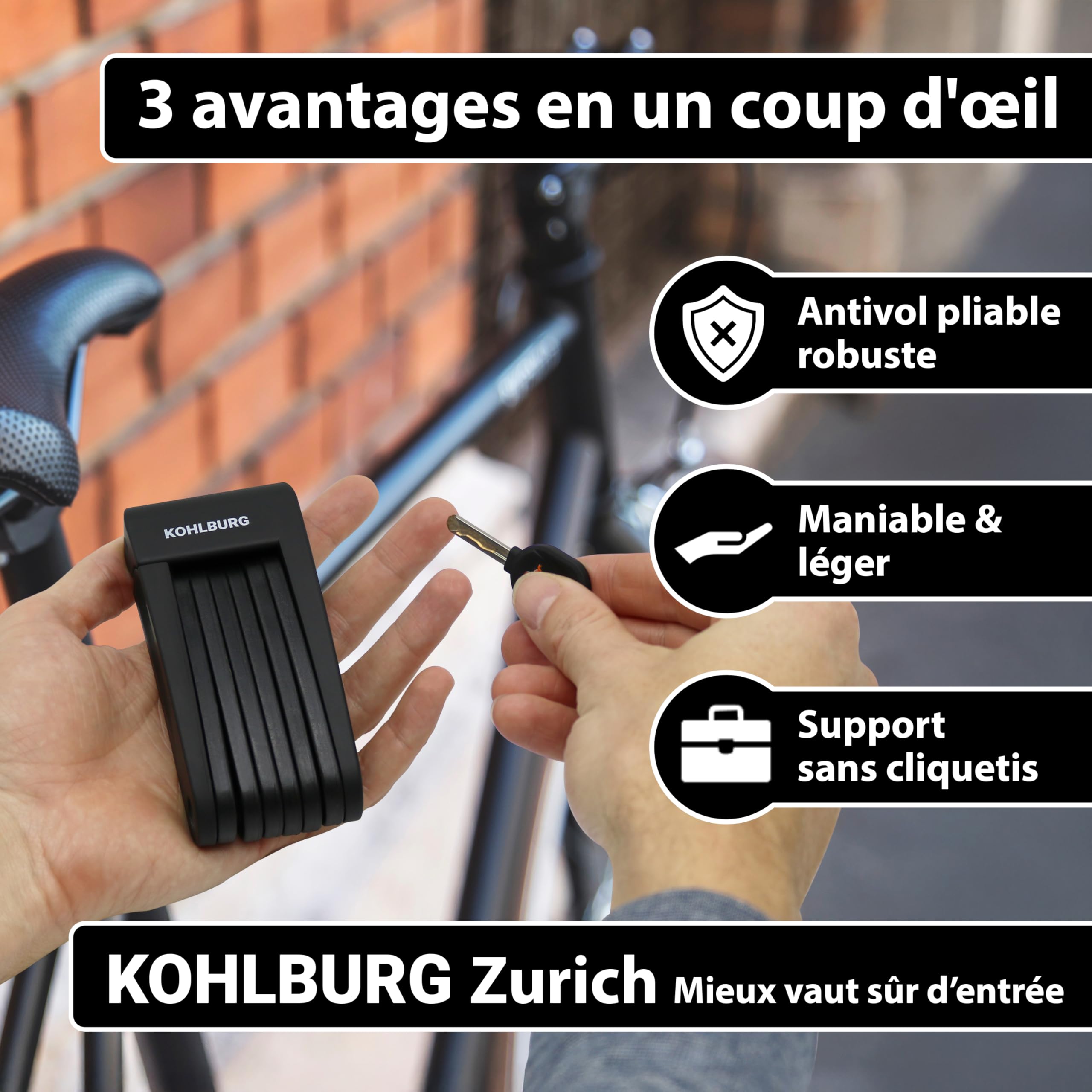 KOHLBURG Antivol pliable léger - 680 g léger et 70 cm de long avec support | Antivol velo en acier trempé, aussi comme antivol velo electrique, ebike et cadenas trotinette electrique