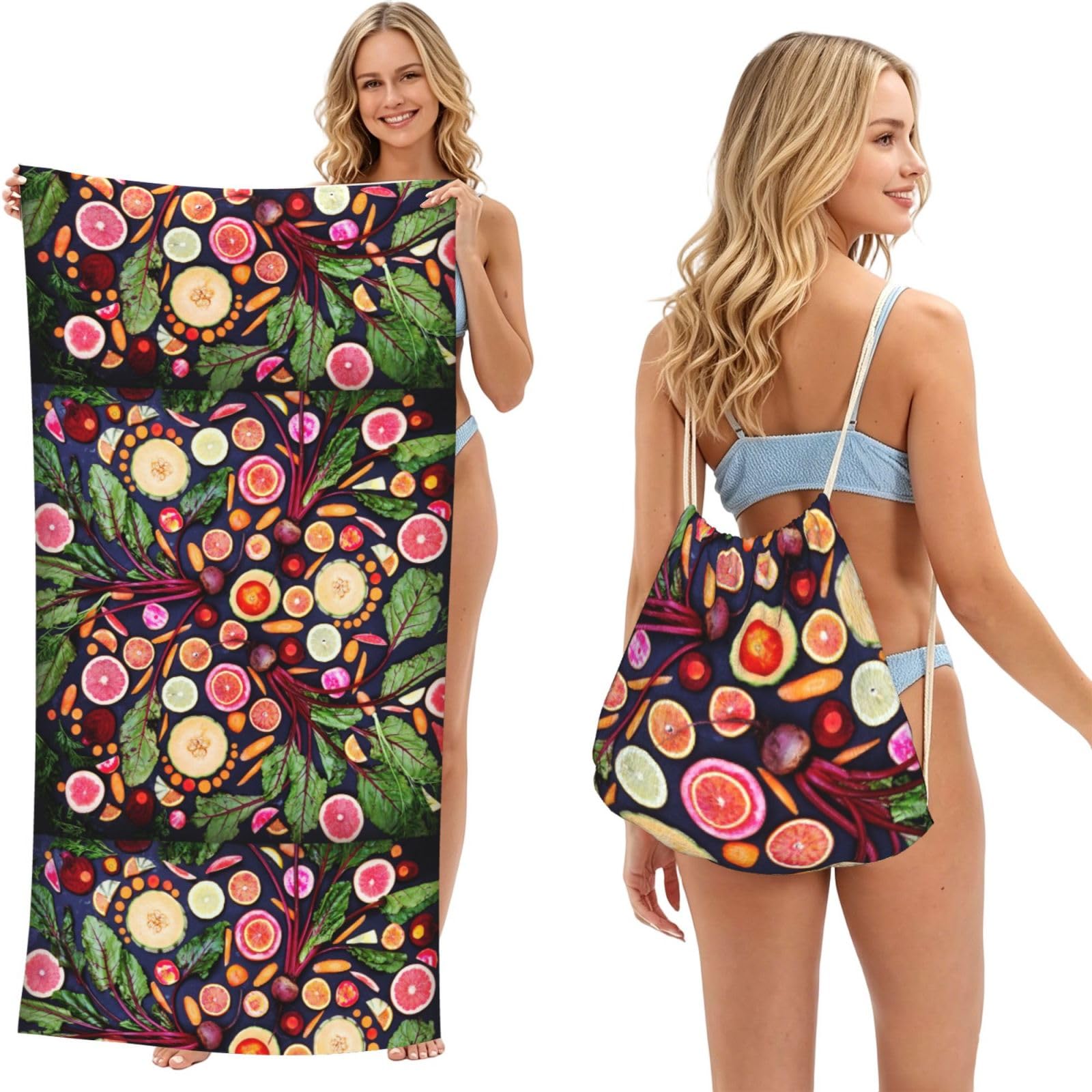 Poadnly As Picture Vegan Live Fruits Vegetables Print, 2 In 1 Packable Towel Bag, Beach Towels With Drawstring Backpack For Travel Holiday Camping