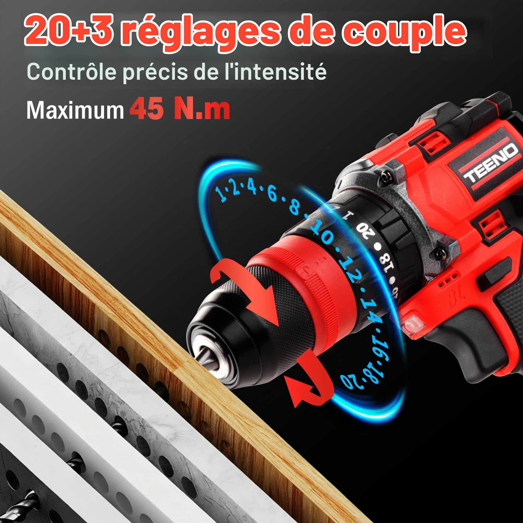TEENO 18V Kit Perceuse-Visseuse sans Fil Brushless Multifonctionnel | Système Multi-Têtes, 20+3 Couple, 45 Nm, 2 Vitesses, Adaptateur Offset, Mandrin Rapide, Adaptateur d'angle Droit, LED, DIY