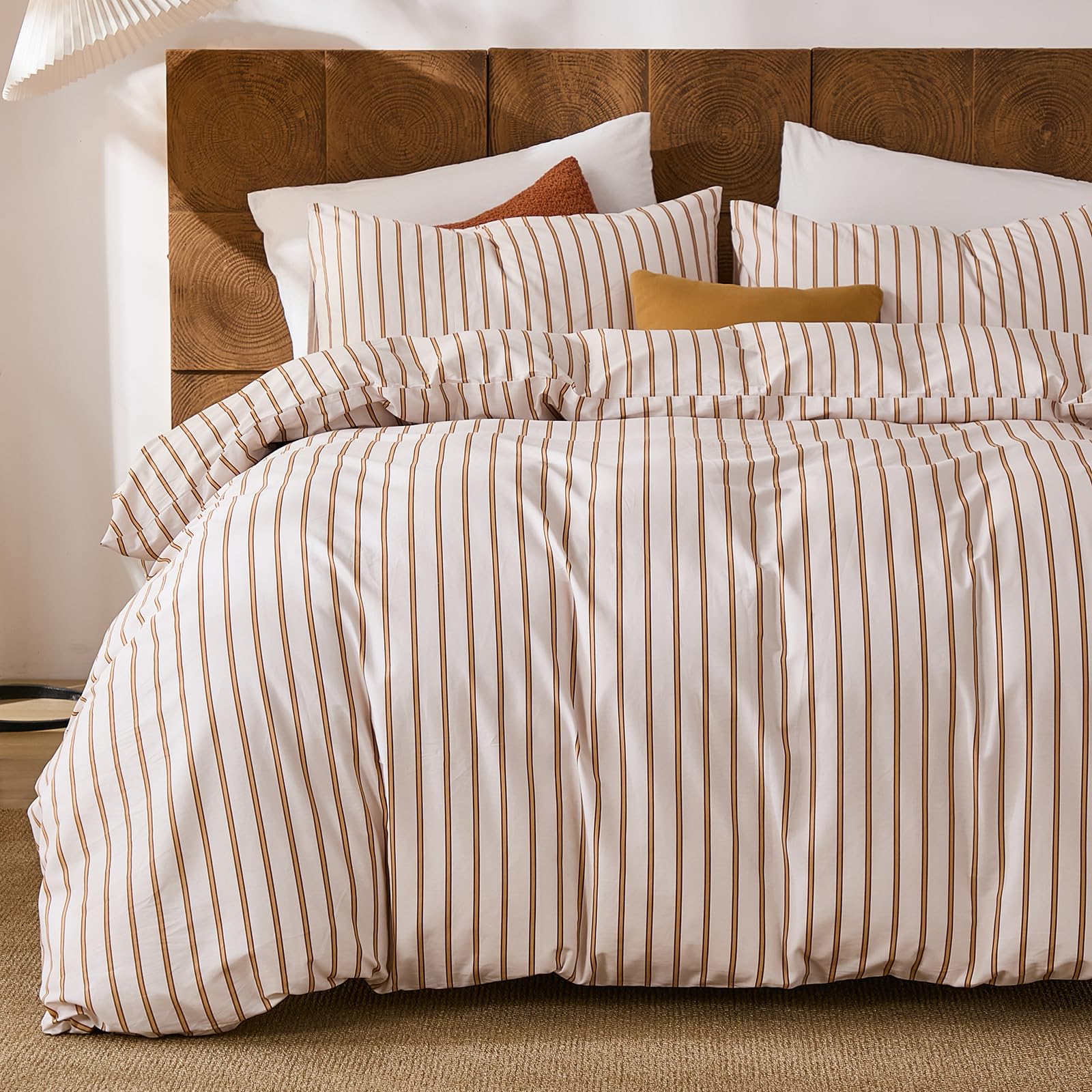 Photo 1 of Merryword Striped Duvet Cover Set Queen Size 3 Pieces 100% Cotton Duvet Cover Set with Beige and Terracotta Vertical Stripe Design,Soft Lightweight Reversible Bedding Set for All Seasons