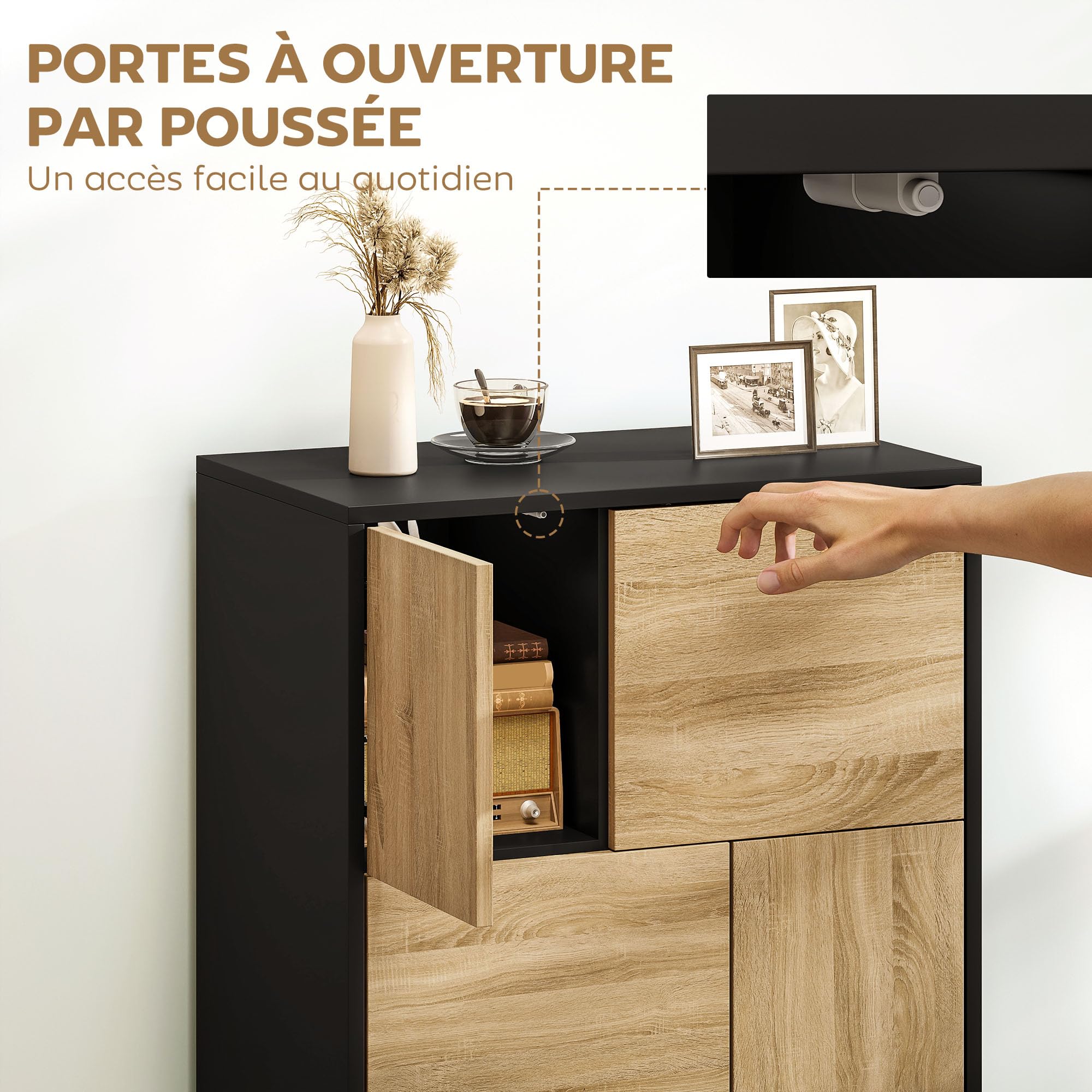 HOMCOM Buffet Salon Meuble Bas 60 x 35 x 78 cm Noir et Effet Bois Naturel | Meuble de Rangement, Armoire de Cuisine, Portes à Pousser, 4 Placards, Style Moderne, Buffet Salle à Manger et Salon