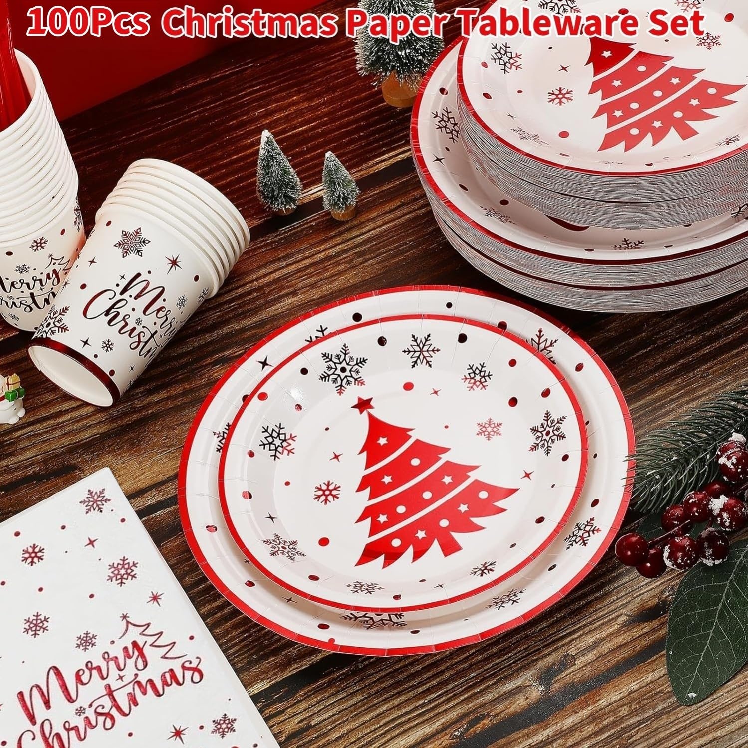 KAHEIGN 175Pcs Weihnachten Geschirr Set für 25 Personen, Papier Weihnachts Geschirrset mit 25Sets Speiseteller Salatteller Becher Servietten und wiederverwendbare Messer&Gabel&Löffel