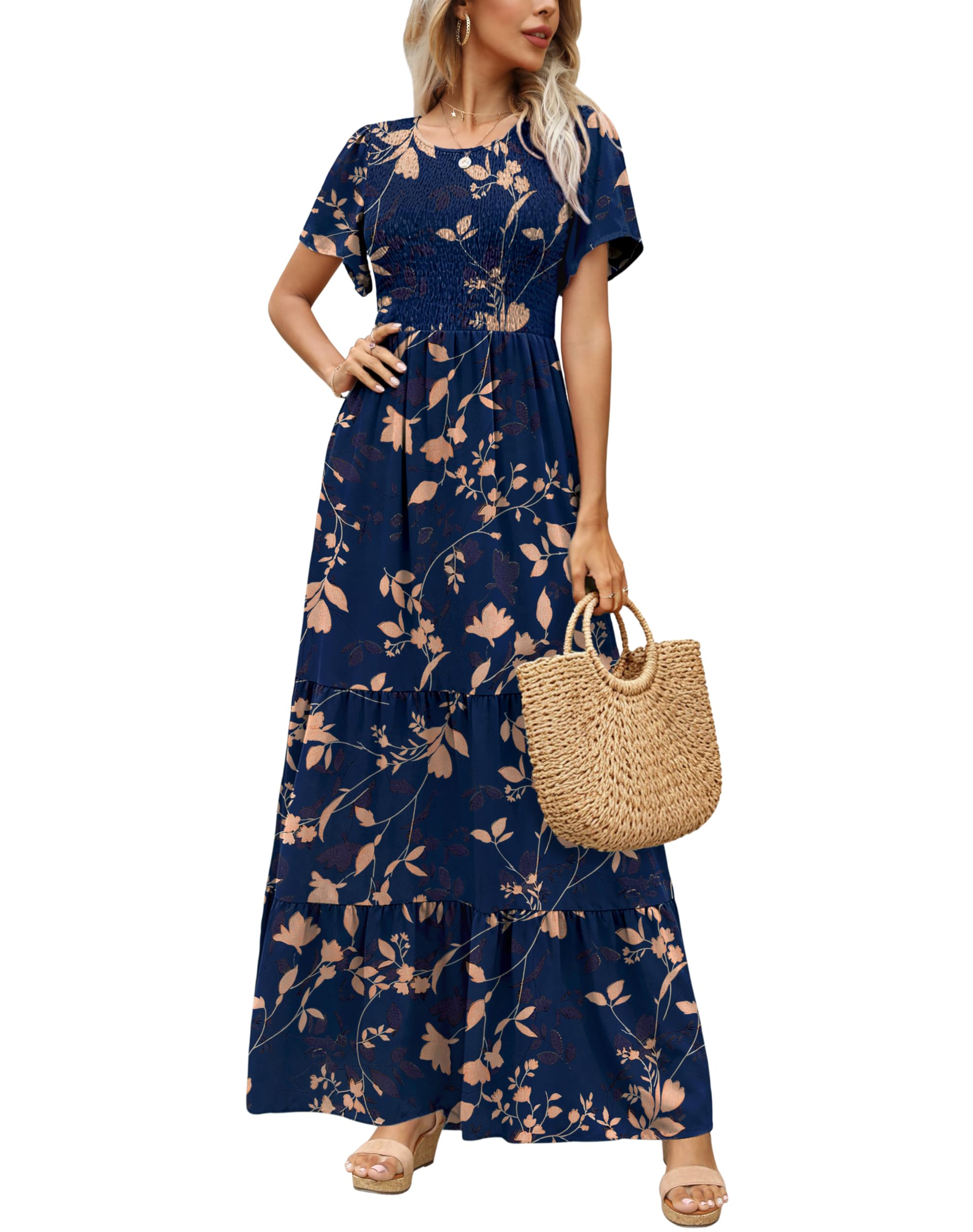 Kranda Women 2025 Summer Fall Crewneck Short Sleeve Smocked Floral Maxi Dress