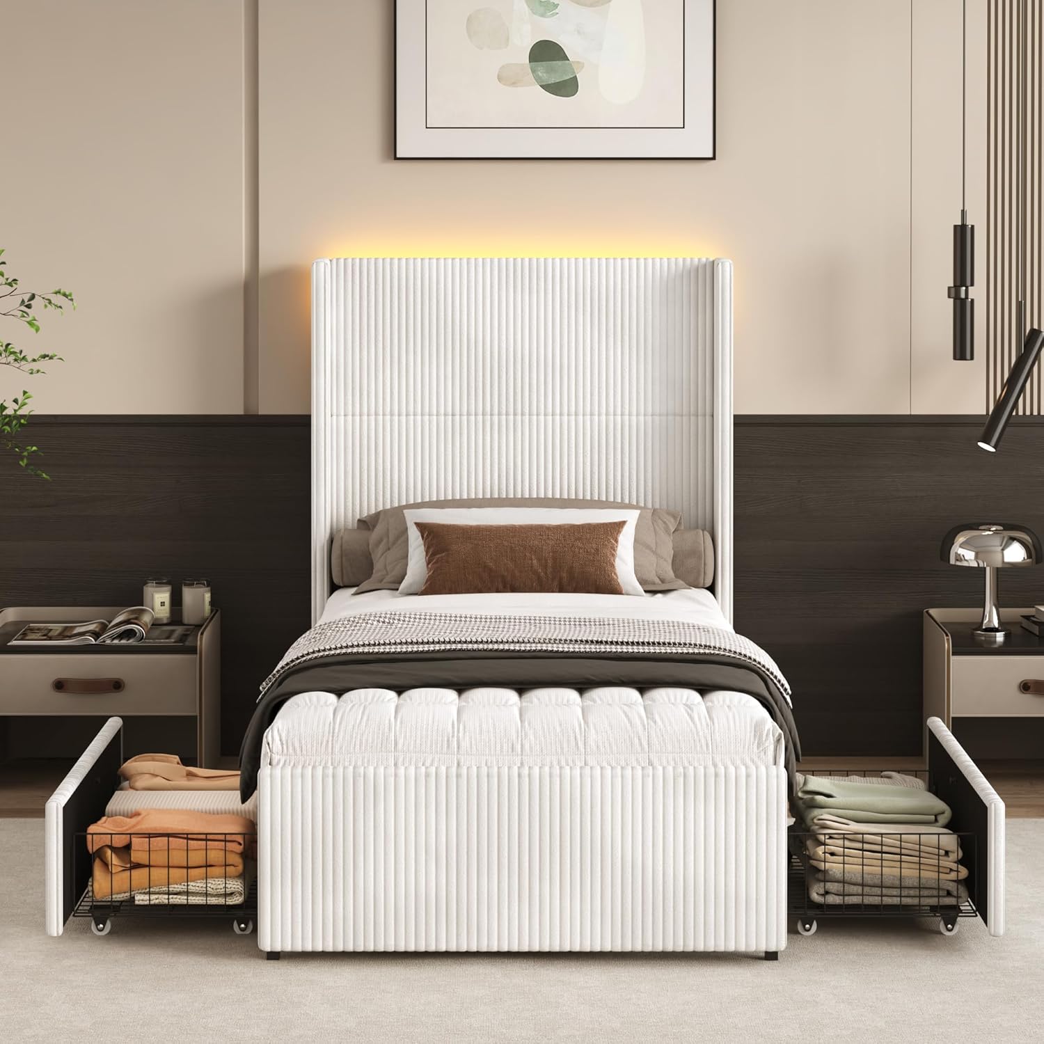 Twin Size Bed Frame with 52” Tall Corduroy Wingback Headboard, Upholstered Platform Bed with 2 Storage Drawers & LED Lights, Vertical Stripes, No Box Spring Needed, Noise-Free, Cream