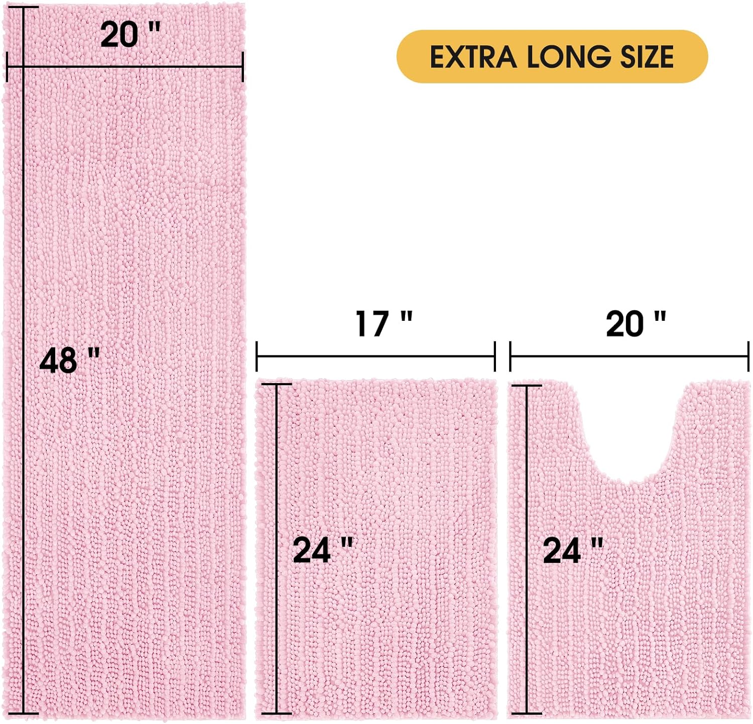 ACCUMTEK Upgrade Extra Large Pink Bathroom Rug Set 3 Pieces Ultra Soft, Thick Absorbent Bath Mats, Non Slip Chenille Toilet Mat for Bathroom, Bedroom, Kitchen