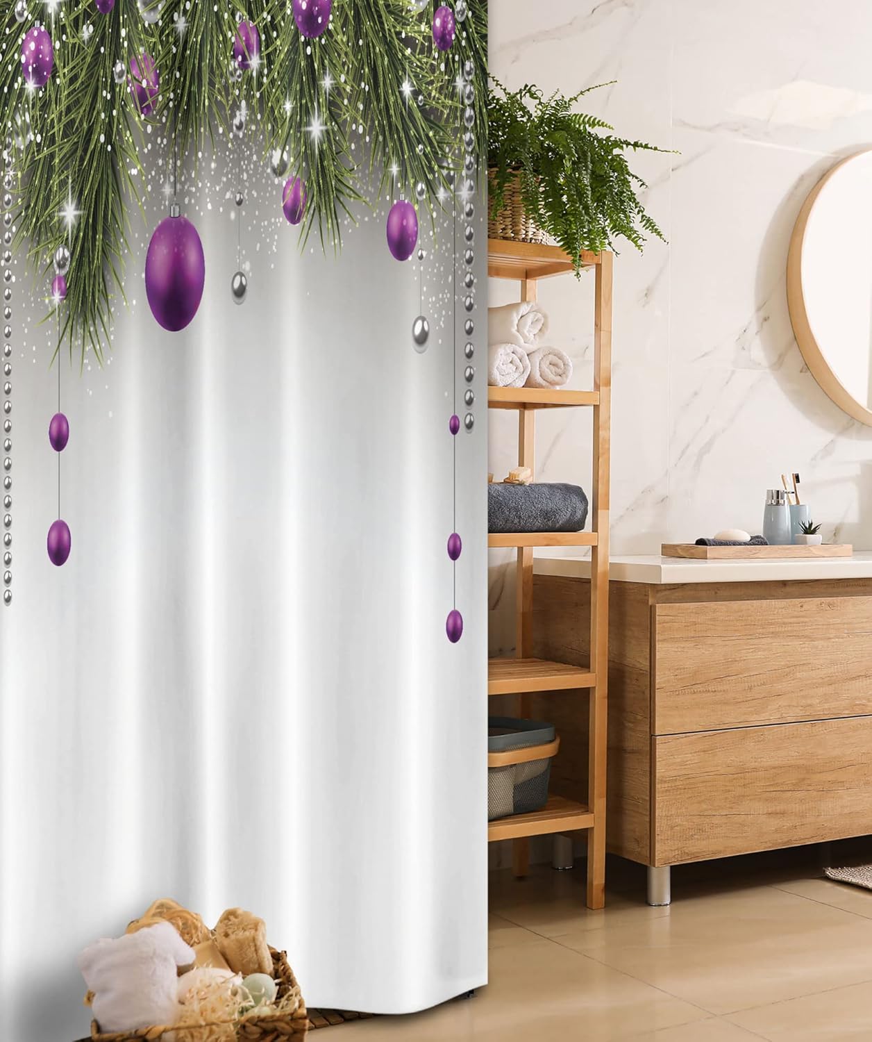 Ambesonne Christmas Stall Shower Curtain, Tree with Tinsel and Ball with Present Wrap Ribbon Celebration Picture, Fabric Bathroom Decor Set with Hooks, 36" W x 72" L, Purple Grey