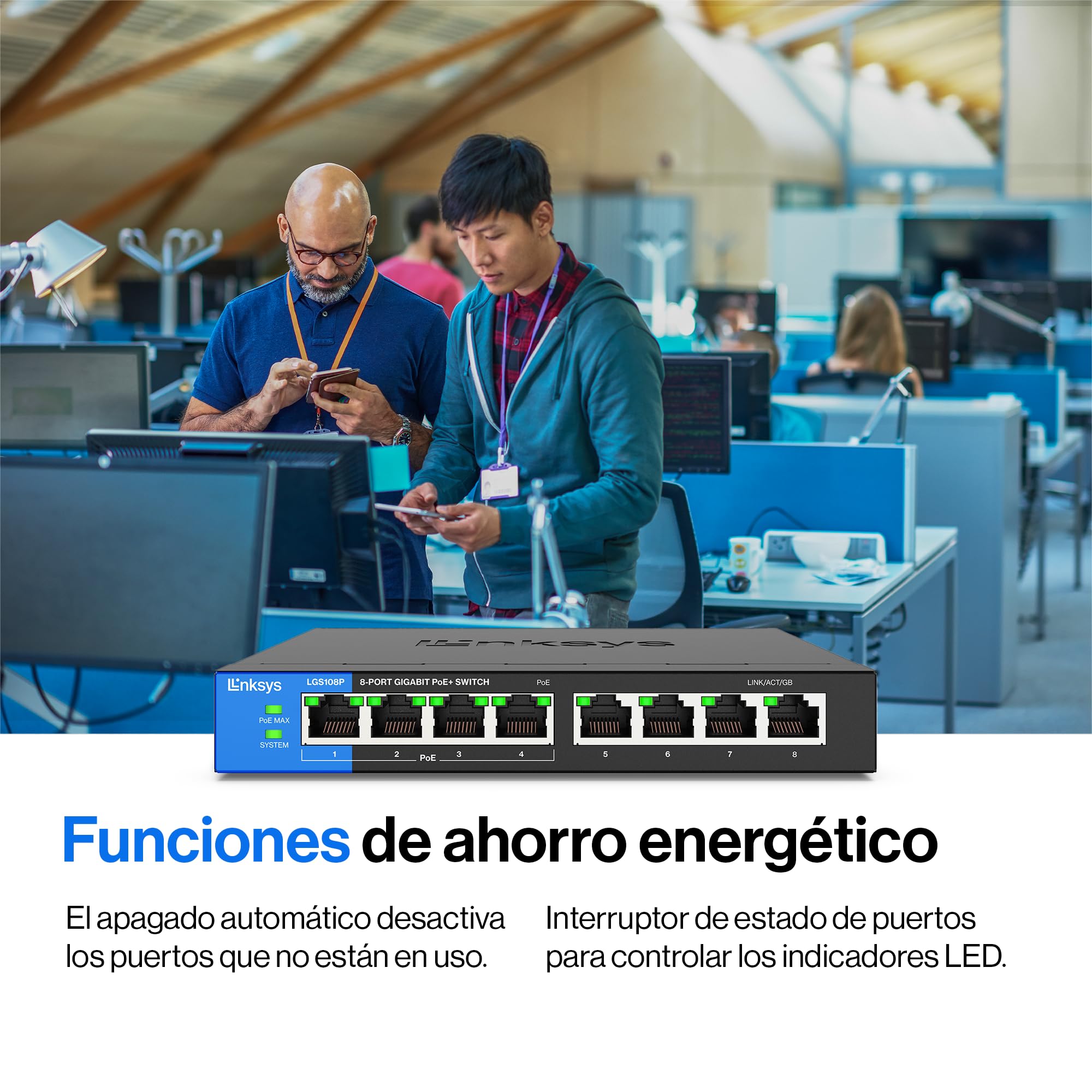 Linksys LGS108P-EU switch de red Gigabit no administrado de 8 puertos con 4 puertos PoE+, hasta 1000 Mbps para empresas y particulares, vigilancia IP, conmutador Ethernet de sobremesa — view 6
