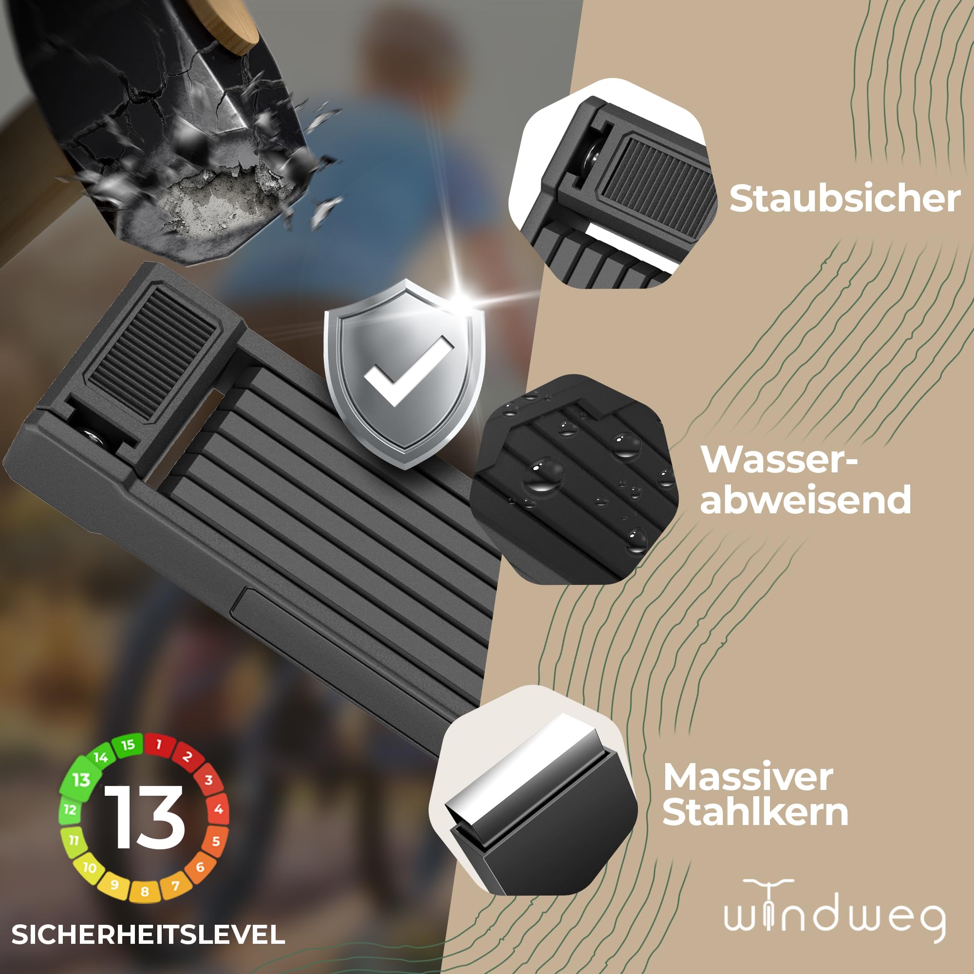 Fahrradschloss hohe Sicherheit Faltschloss Fahrrad 120cm 3 Schlüssel inkl. Halterung sh, Schloss für E-Bike, Gravelbike & Rennrad, extrem sicher, Sicherheitsstufe 10-15 Faltschlösser bike lock