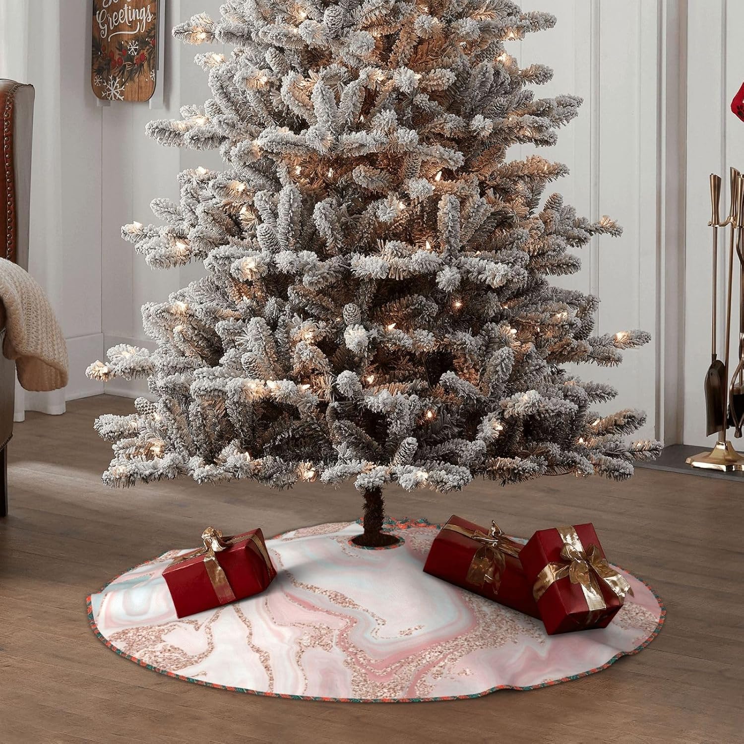 Rose Gold Glitter Coral Gray Pastel Marble Christmas Tree Skirt 30 Inches Grid Edging Tree Skirt, Small Rustic Tree Mat for Merry Farmhouse Decor Xmas Holiday Home Party Decorations Indoor Outdoor
