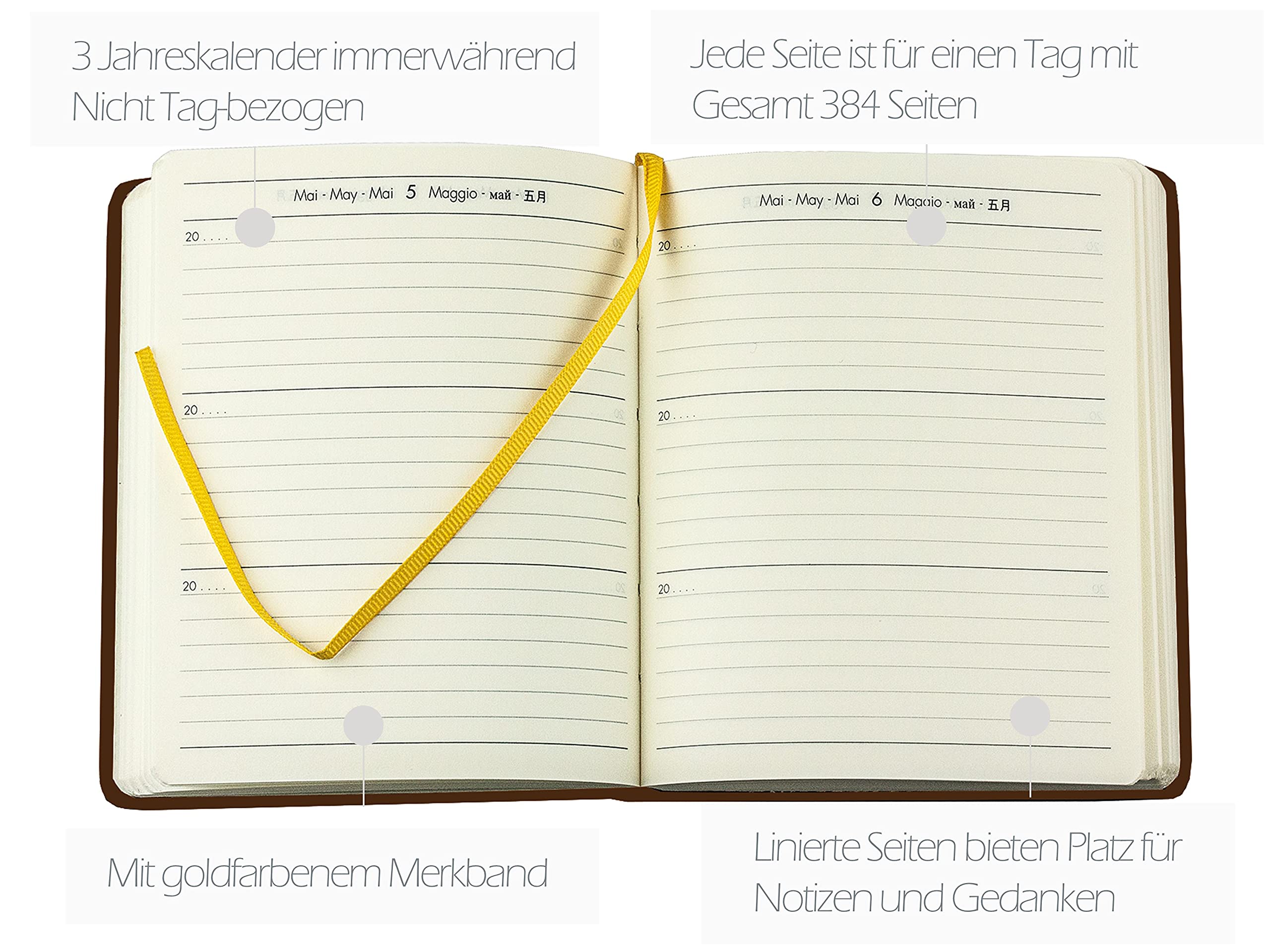 DELMON VARONE - 3 Jahres Kalender "immerwährend" gebunden in Anilin Leder braun - Organizer Buchkalender (1 Tag 1 Seite) mit Tagesansicht - Notizbuch Planer im Ledereinband - Tagebuch für 3 Jahre