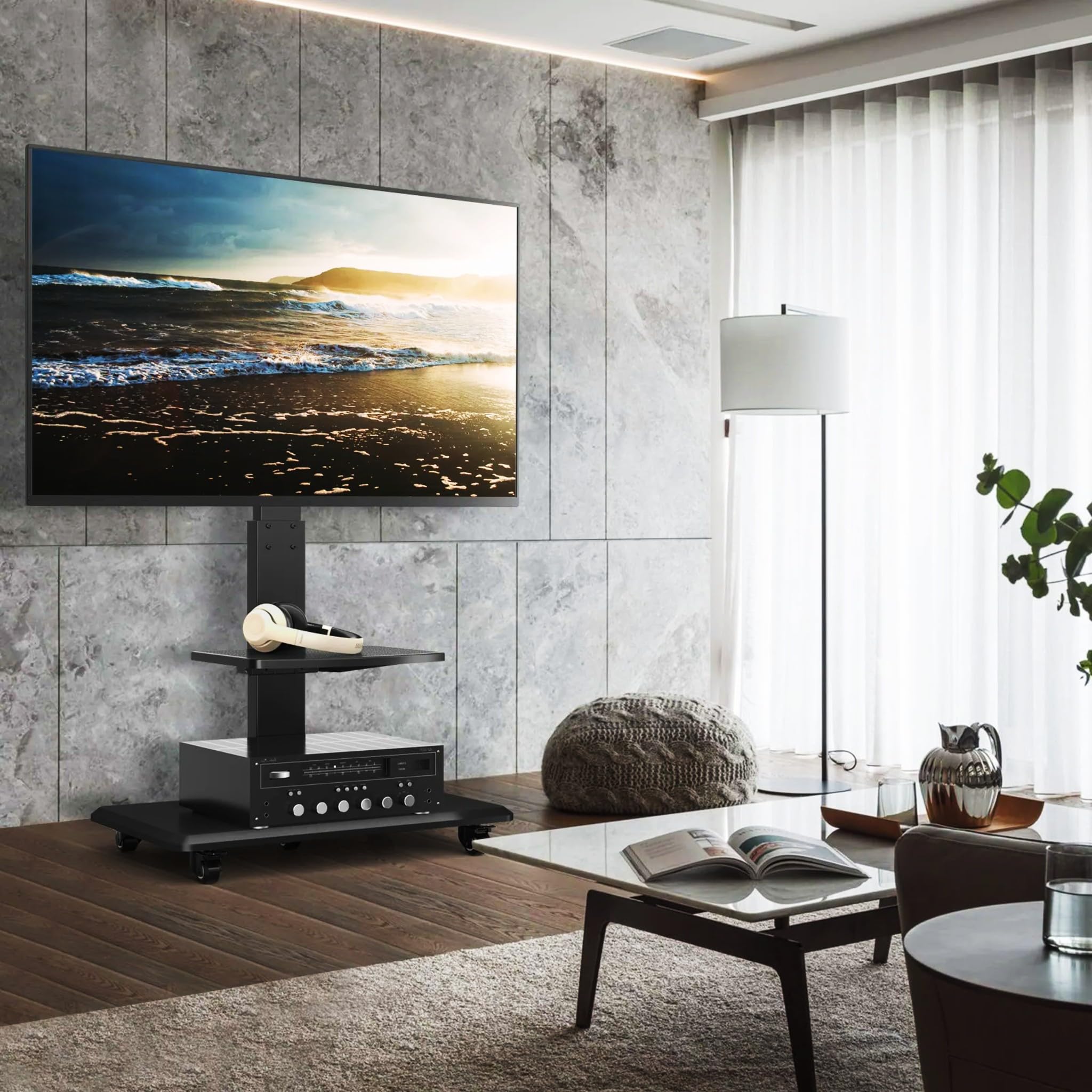 Bricoloco Soporte TV de Suelo con Ruedas giratorias y 2 baldas de Apoyo para Accesorios - Soporte de pie para televisores de 37 a 70 Pulgadas con Base Robusta y Estable - Sistema de Cables recogidos.
